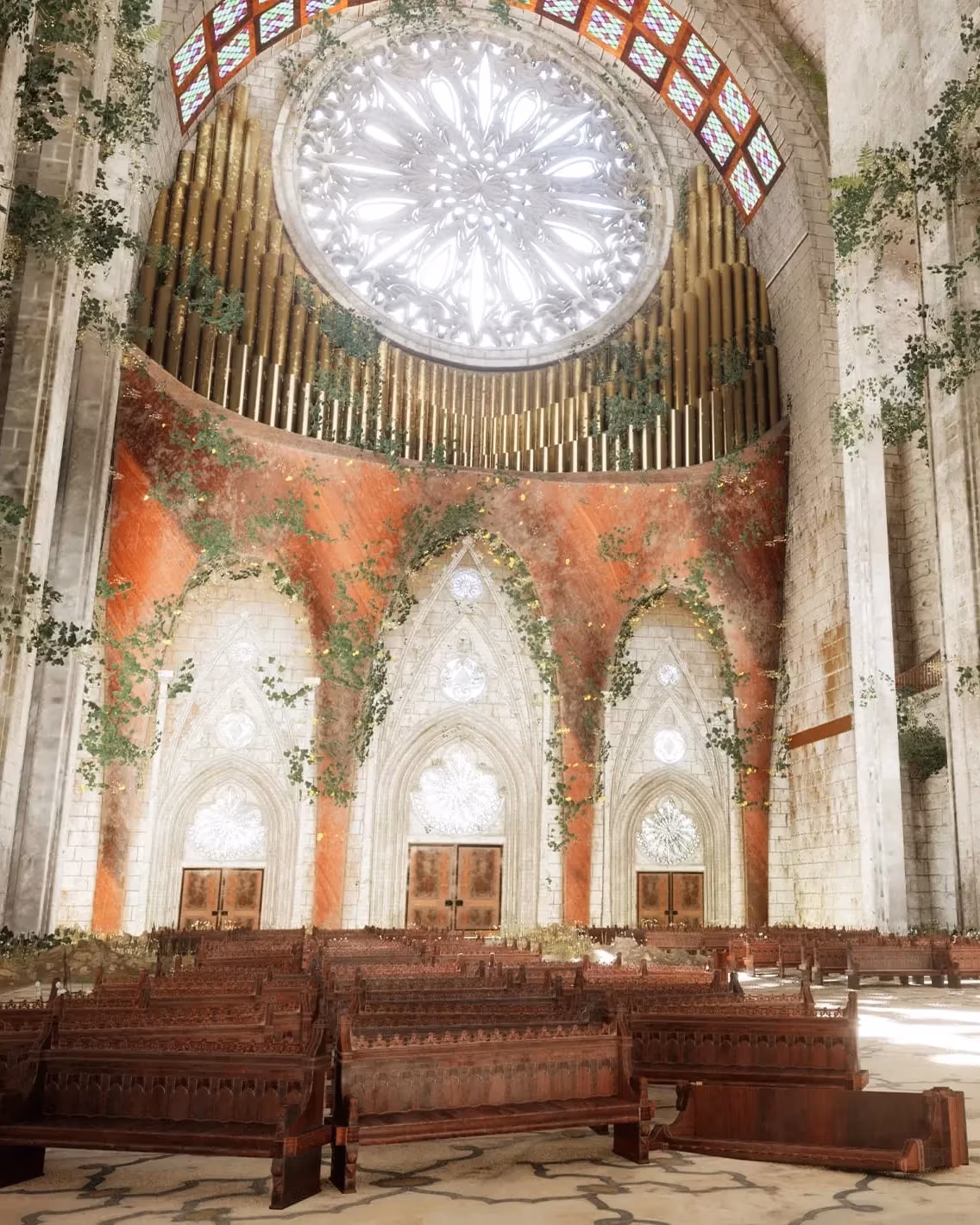 A render of the interior (looking at the entrance) of a grand cathedral that's been overrun with vines. A pew has been knocked over, but the general mood is peaceful. The scene is lit brightly and soft, not particularly warm or cold.