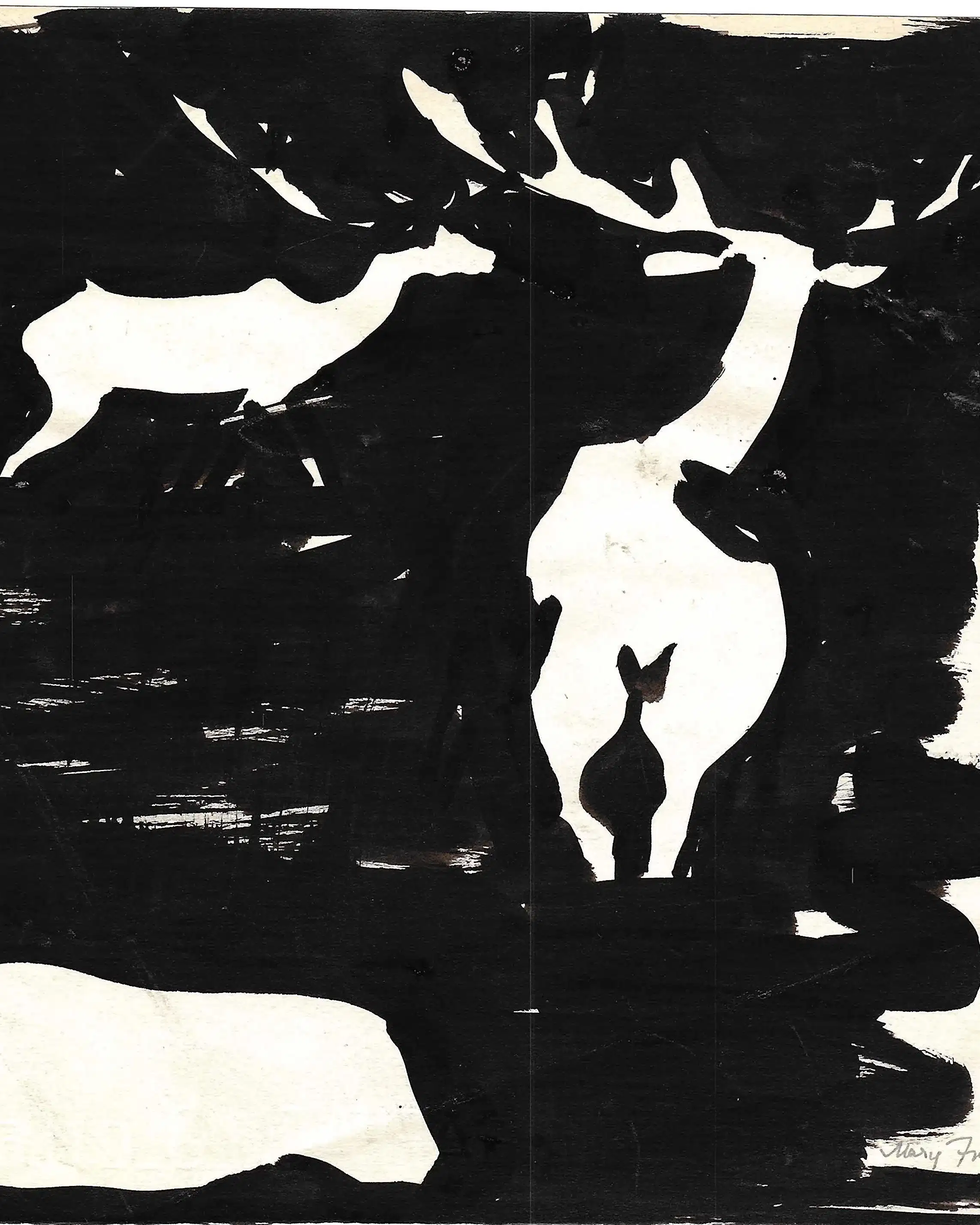 Black and white ink painting of deer