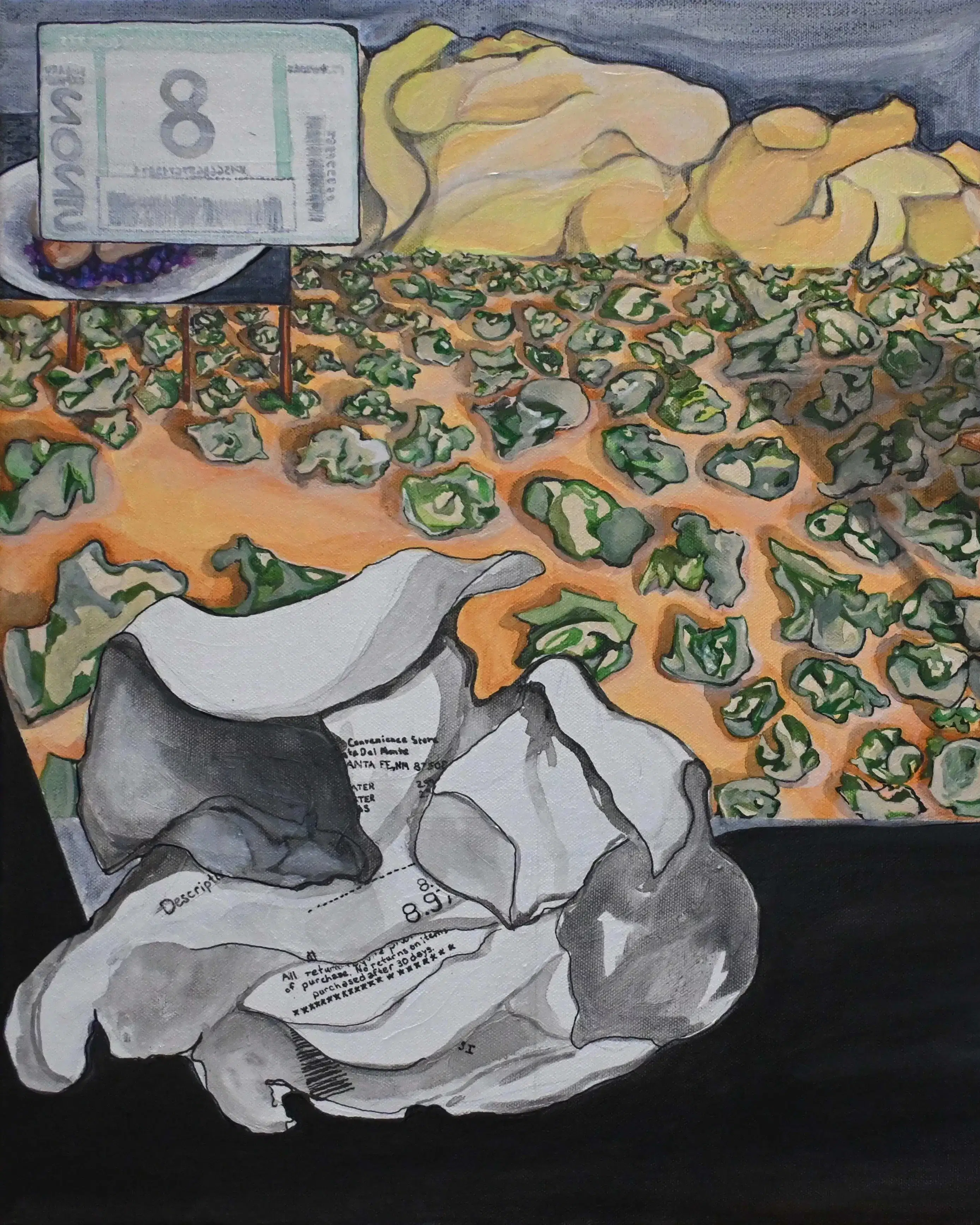 A painting of the West from the persepctive of someone's car dashboard. There is a crumpled receipt to the left and a billboard advertising eggs, bacon and toast to the right.