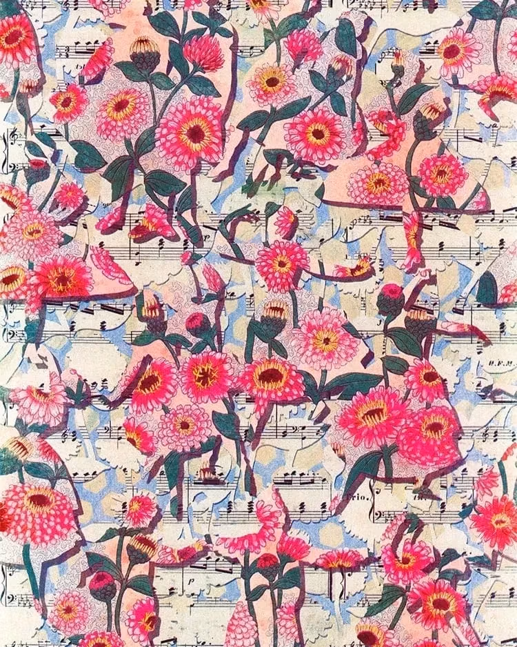 A print of Mazurka (Russian Dance) silhouettes filled with illustrations of Mazurkia zinnia flowers on a sheet music of Mazurka music.