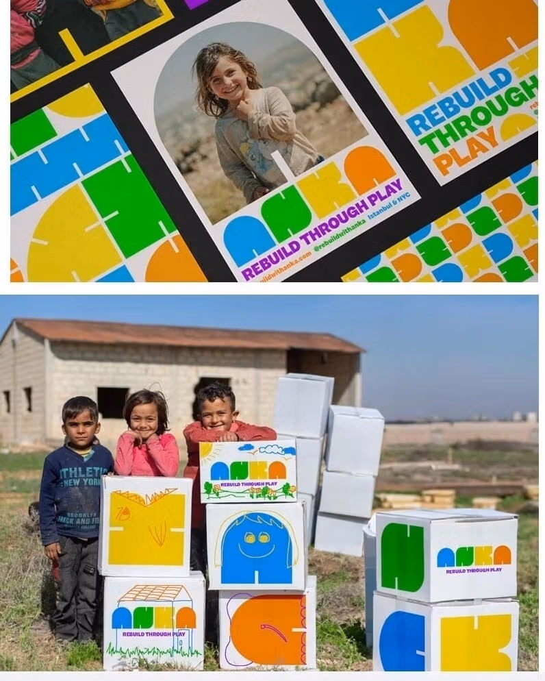 A collage of images featuring children playing, or posing by boxes, rescue workers on motorcycles and colorful promotional images featuring children with the words ‘ANKA’ written on them.
