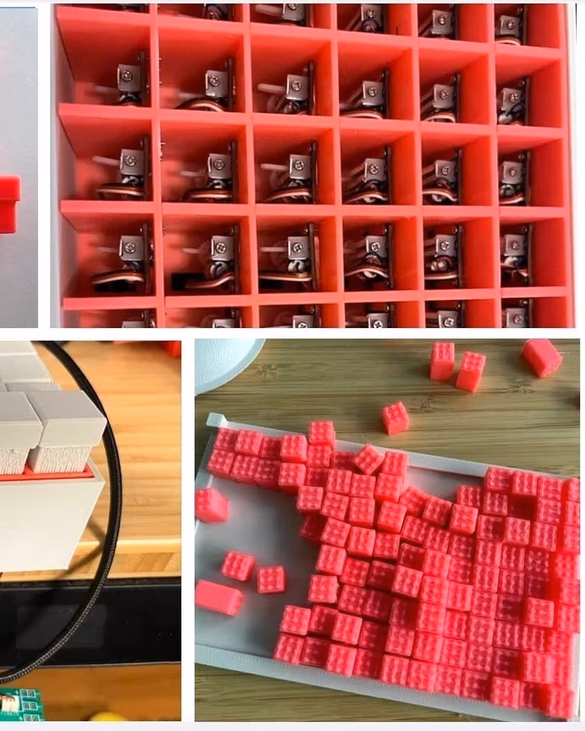 A collage of abstract images from a project, red, LEGO-like blocks,  beige buttons, and red and beige abstract shapes; from a project intended to improve the play experience for visually challenged gamers.