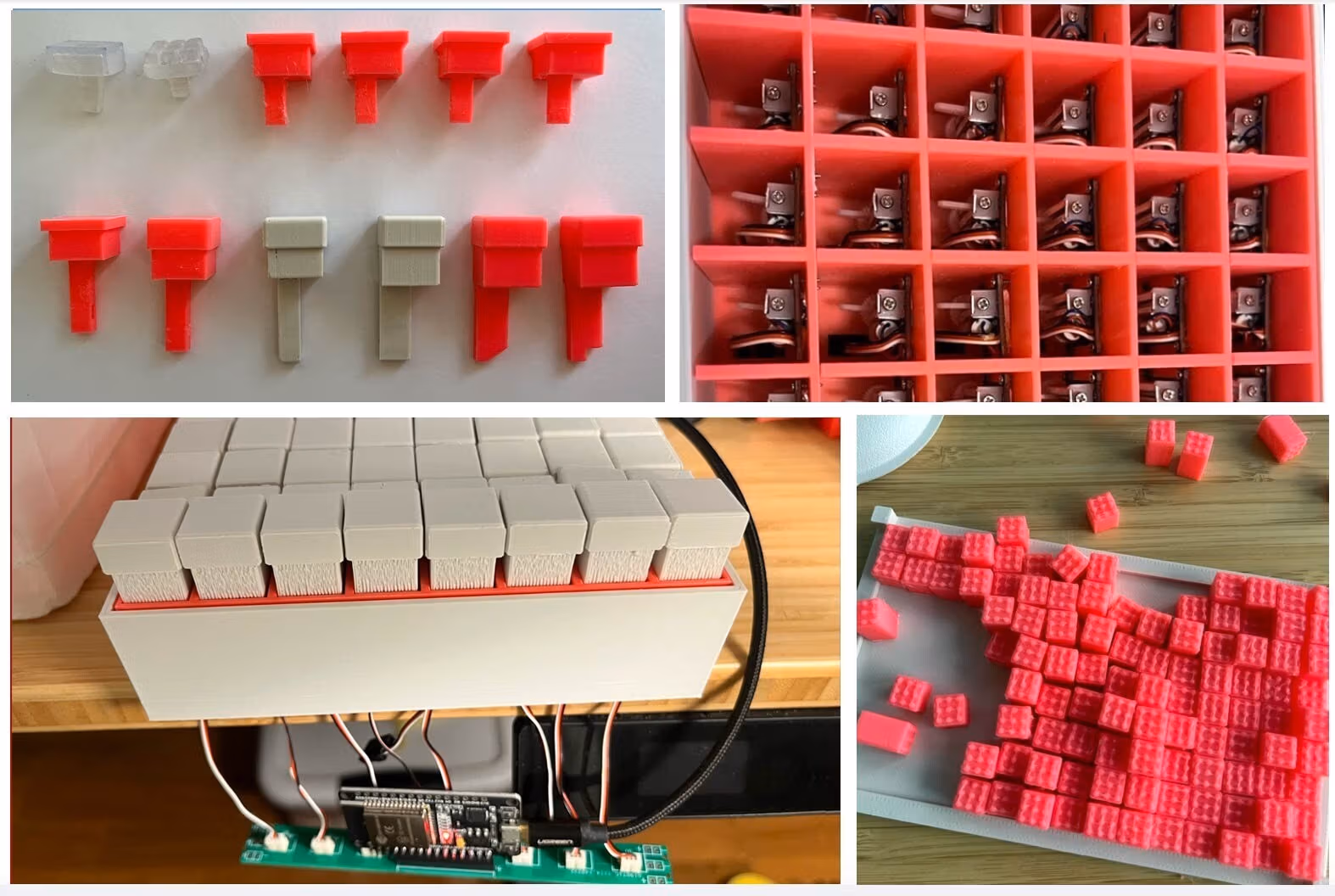 A collage of abstract images from a project, red, LEGO-like blocks,  beige buttons, and red and beige abstract shapes; from a project intended to improve the play experience for visually challenged gamers.