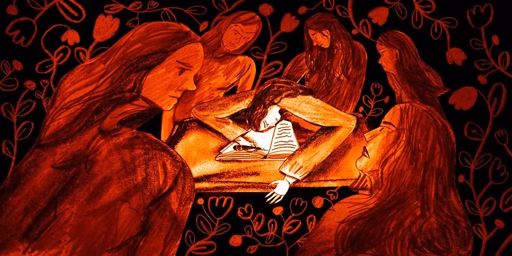  Painting of a woman sitting at a desk surrounded by other women looking at her by Anjali Kamat, MFA Illustration as a Visual Essay. The woman is writing in a diary. The background is black, filled with orange flowers. 
