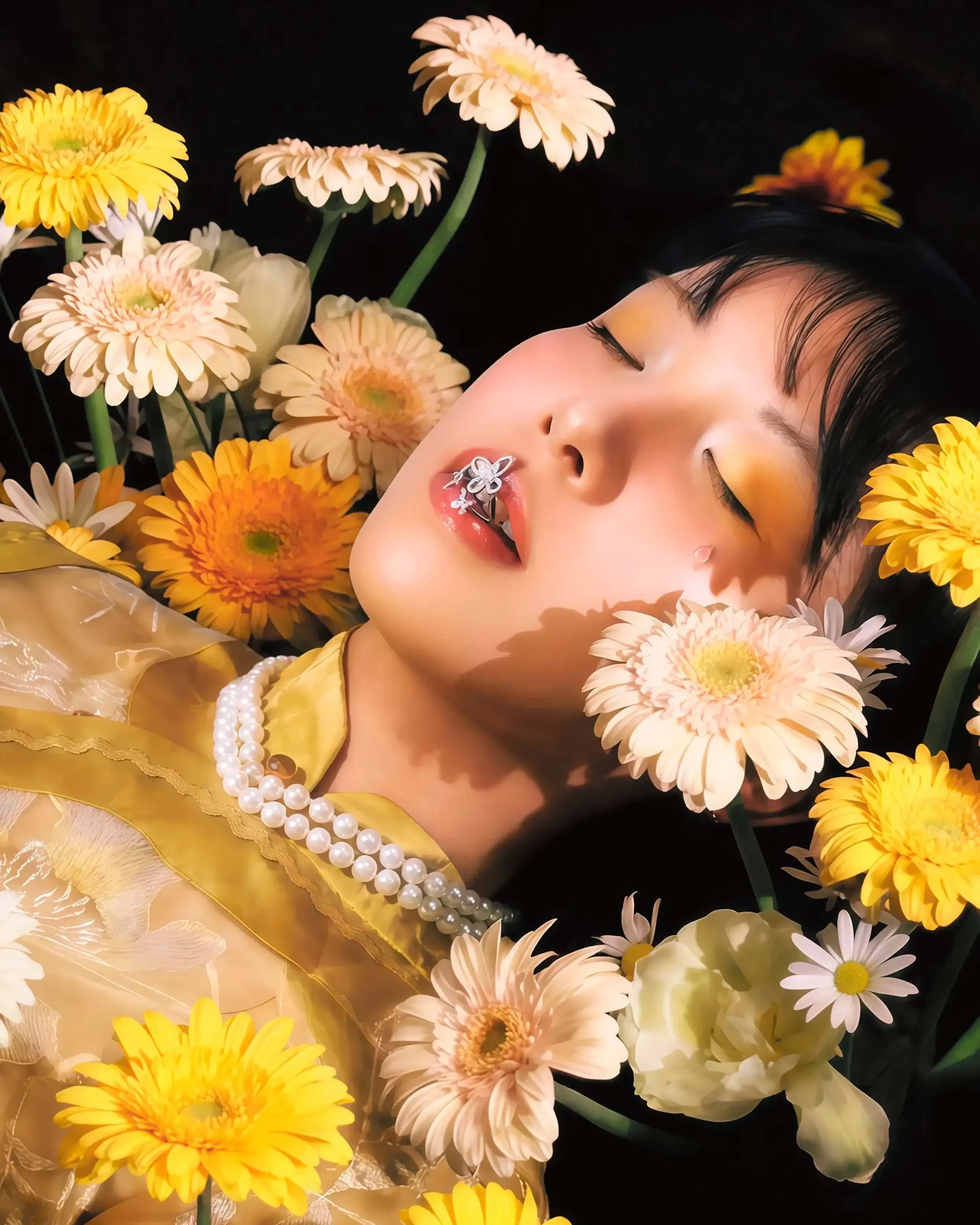 The person is lying on their back with their eyes closed, surrounded by a large number of flowers. Their hair is black, and there are small silver decorations on their lips. The surrounding flowers are mainly yellow gerberas, light pink gerberas, white ranunculus, and small daisies, with the stems and green leaves clearly visible. The background is pure black, the light is concentrated on the person and the flowers, the overall tone is warm yellow, and there is a strong contrast between light and dark.