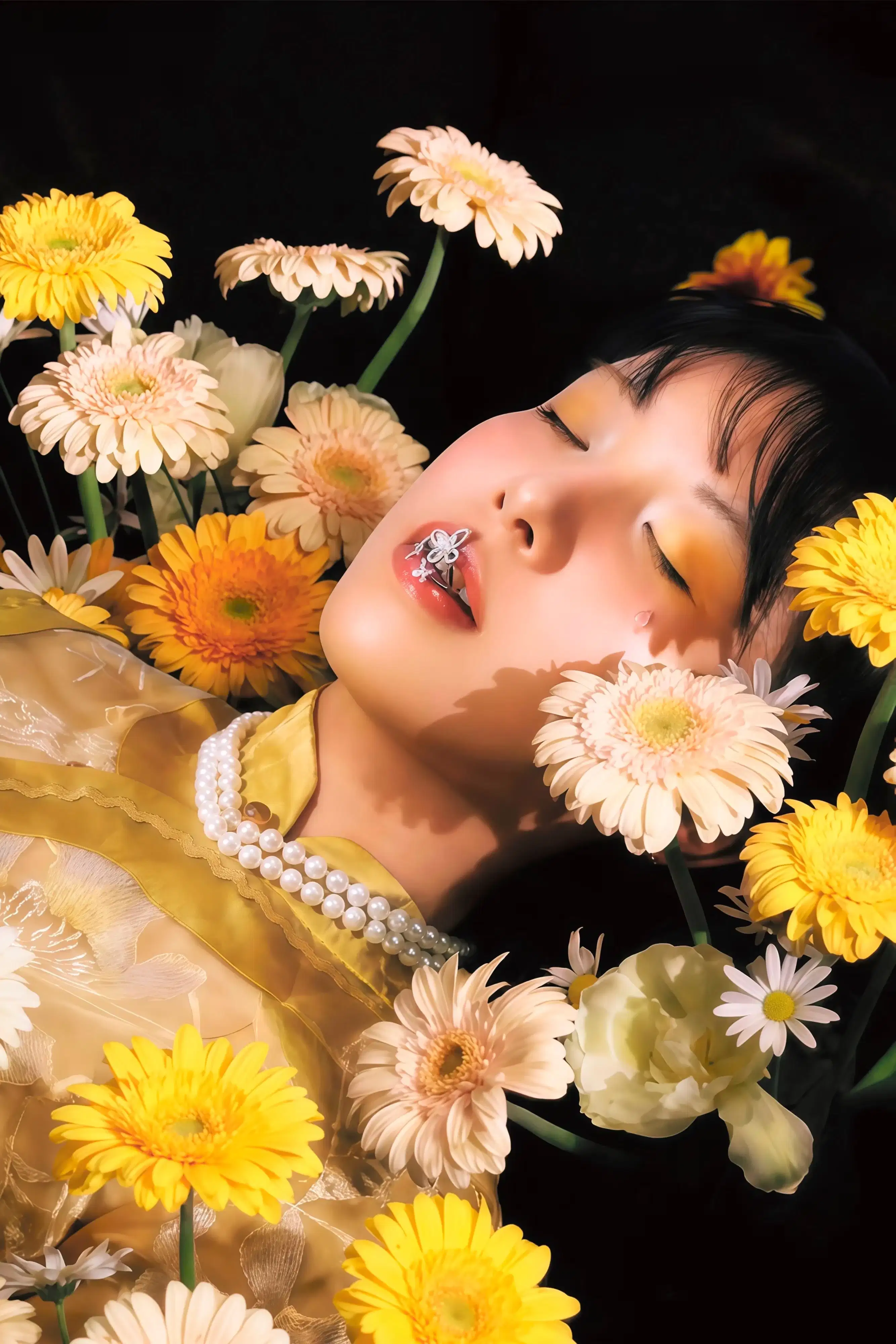 The person is lying on their back with their eyes closed, surrounded by a large number of flowers. Their hair is black, and there are small silver decorations on their lips. The surrounding flowers are mainly yellow gerberas, light pink gerberas, white ranunculus, and small daisies, with the stems and green leaves clearly visible. The background is pure black, the light is concentrated on the person and the flowers, the overall tone is warm yellow, and there is a strong contrast between light and dark.