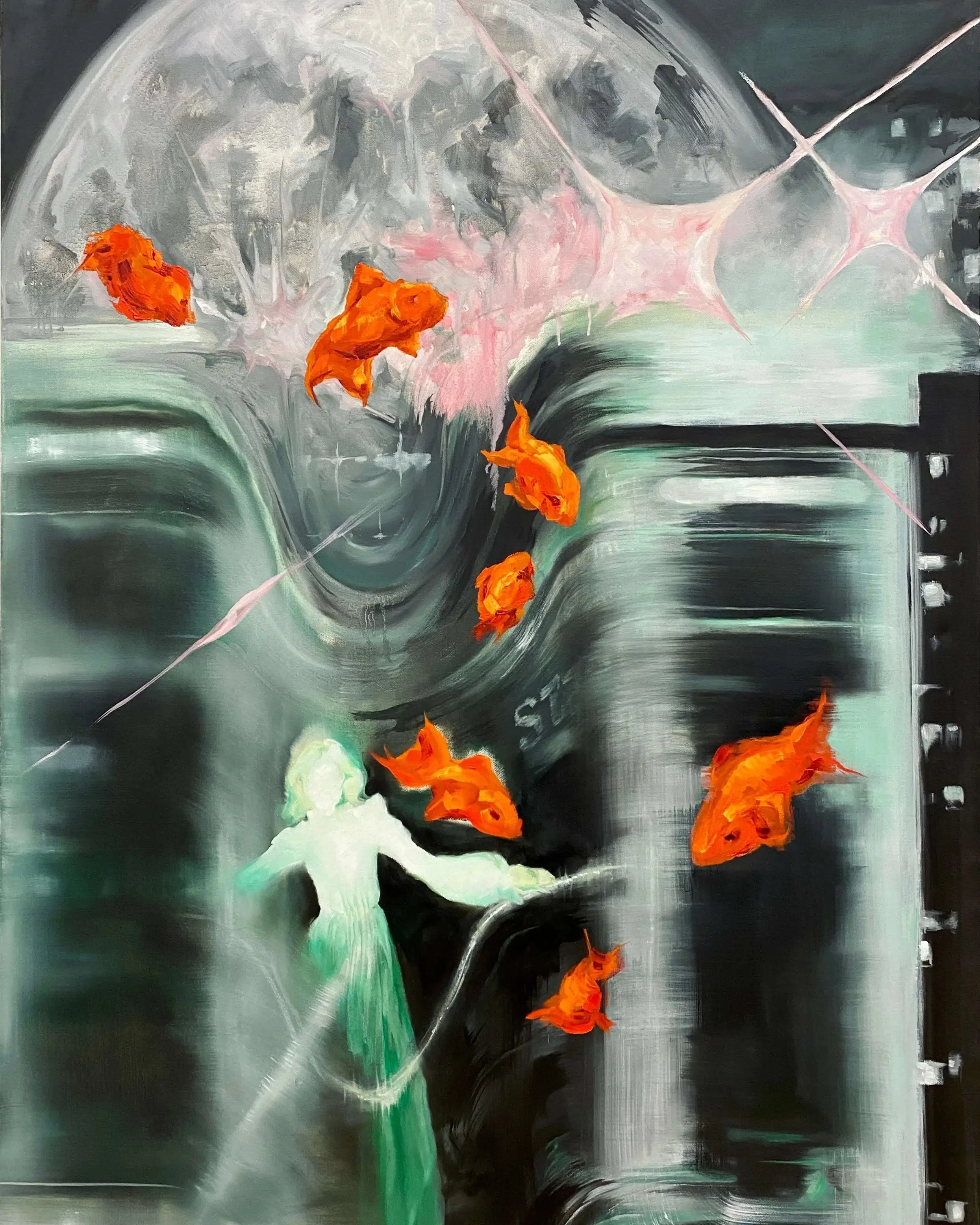 Impressionistic painting depicting a figure underwater, surrounded by goldfish that swim around them and emerge from the water overhead. In the background, a full moon rises beyond the horizon.