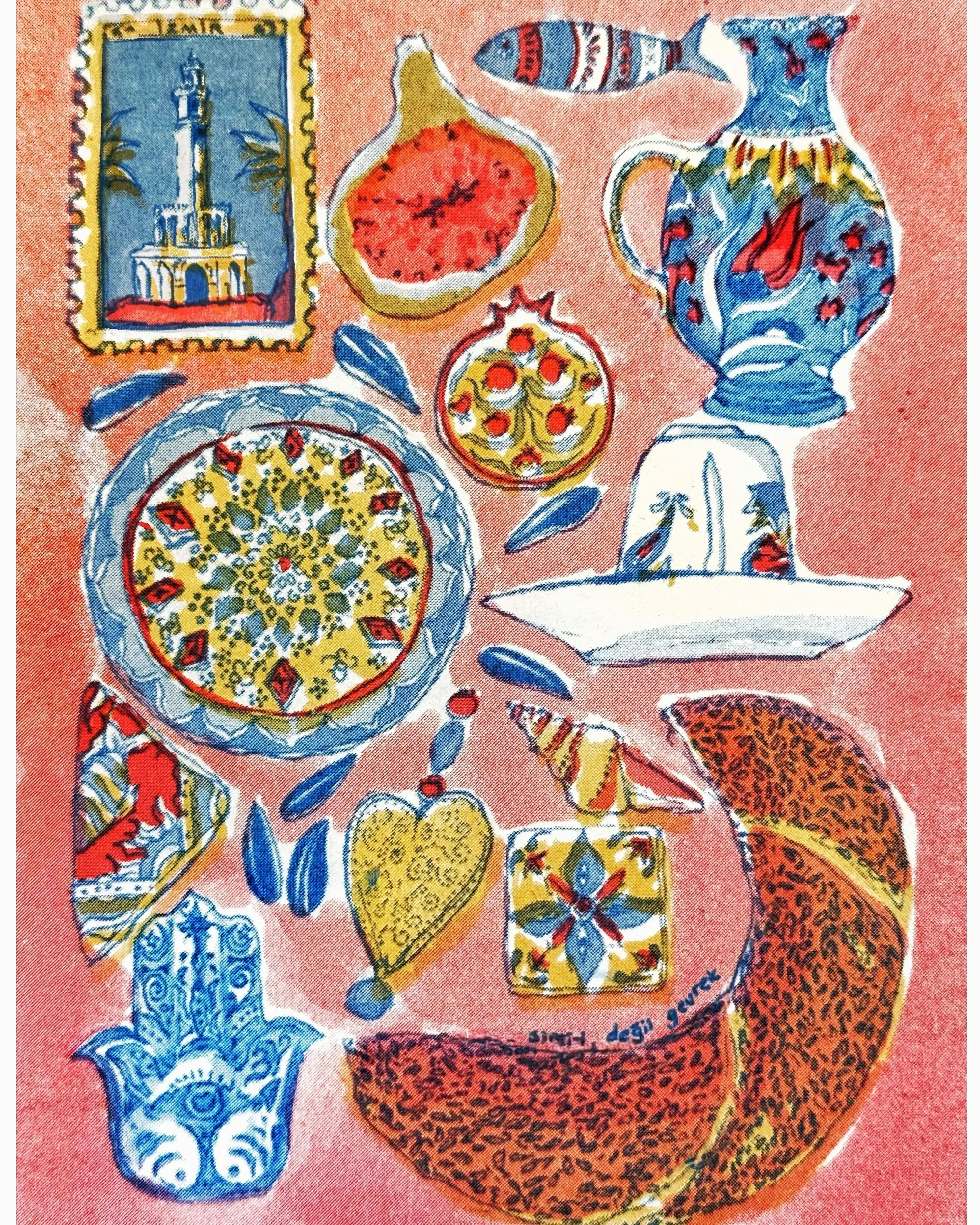 A vibrant print depicting a postage stamp, a fig, a vase, a pie, a lemon juicer, a croissant, a conch shell, and other items, in a whimsical manner.