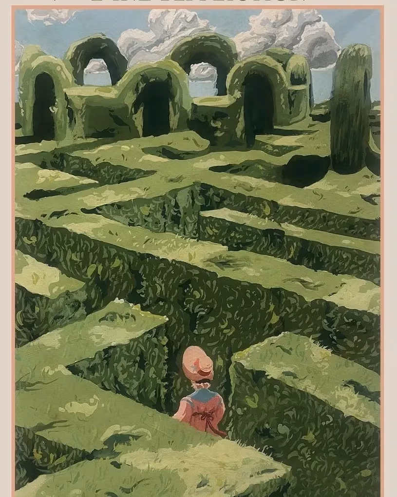 aA painterly drawing of a poster, with a border around it and the words, "Fine Affliction," and a depiction of a figure moving through a garden maze in the center.