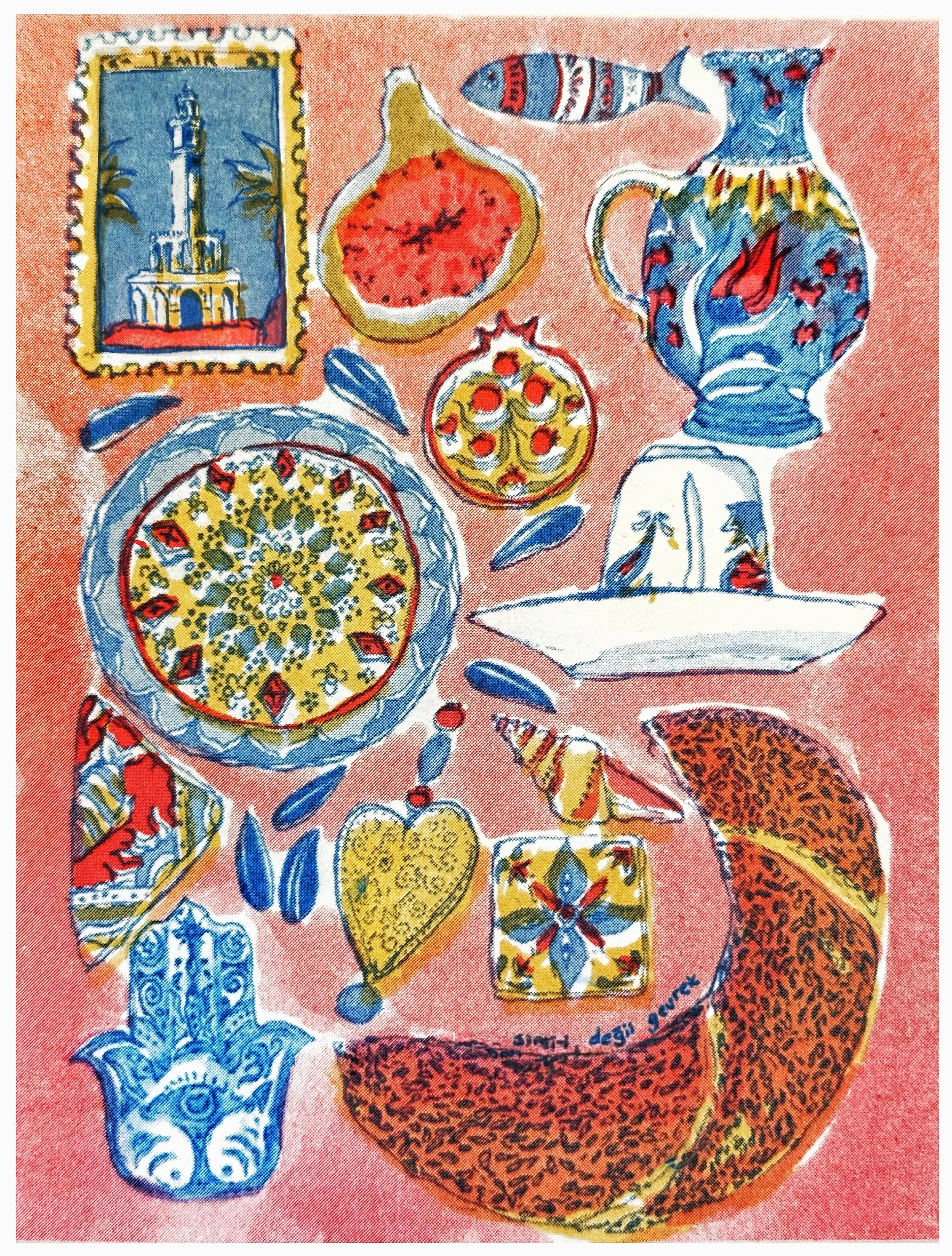 A vibrant print depicting a postage stamp, a fig, a vase, a pie, a lemon juicer, a croissant, a conch shell, and other items, in a whimsical manner.