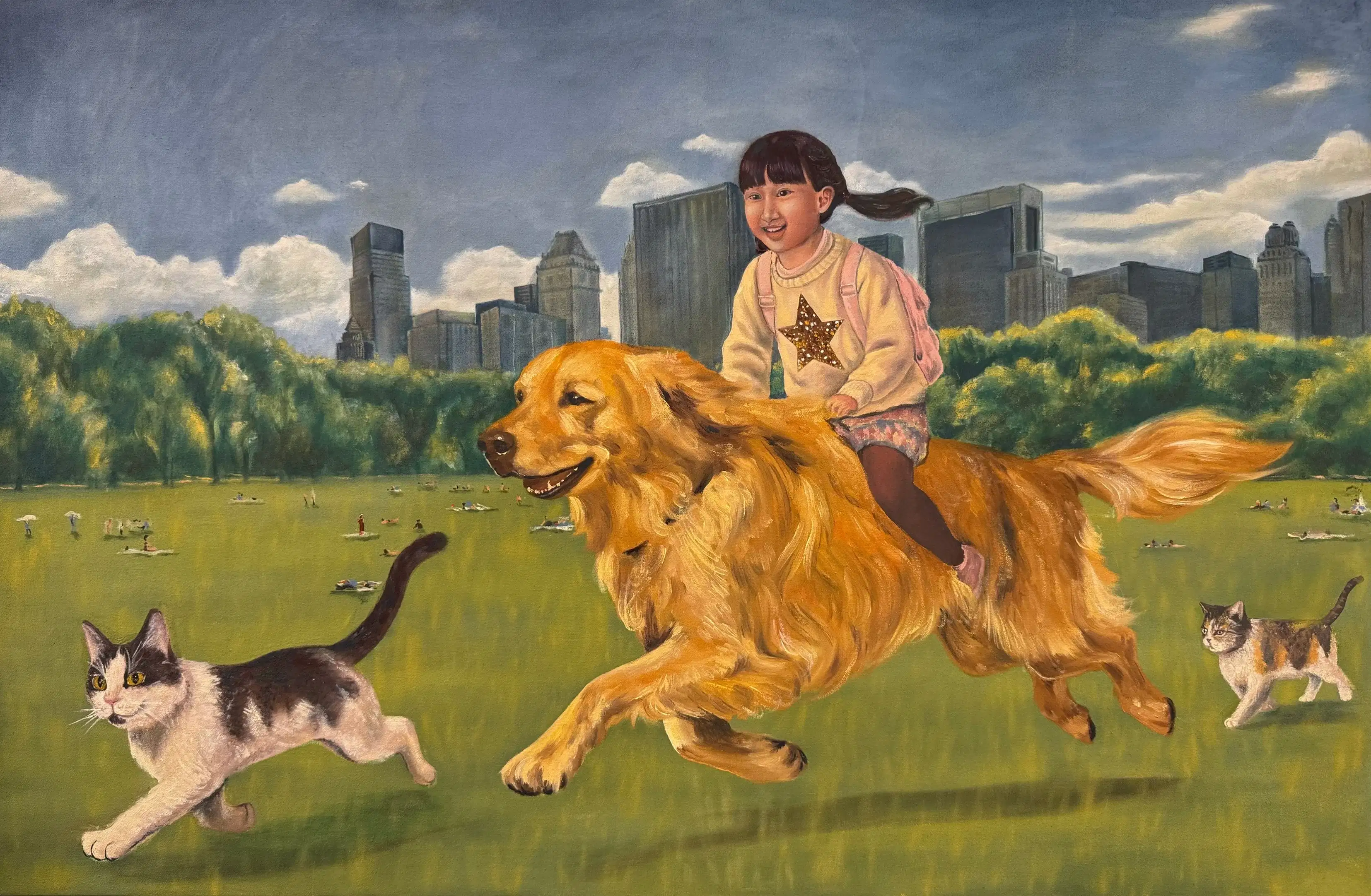 Painting of a young child riding an oversized golden retriever while running in a line between two similarly large cats. In the background is a very large park, surrounded by trees, with city buildings in the background against a bright sky.