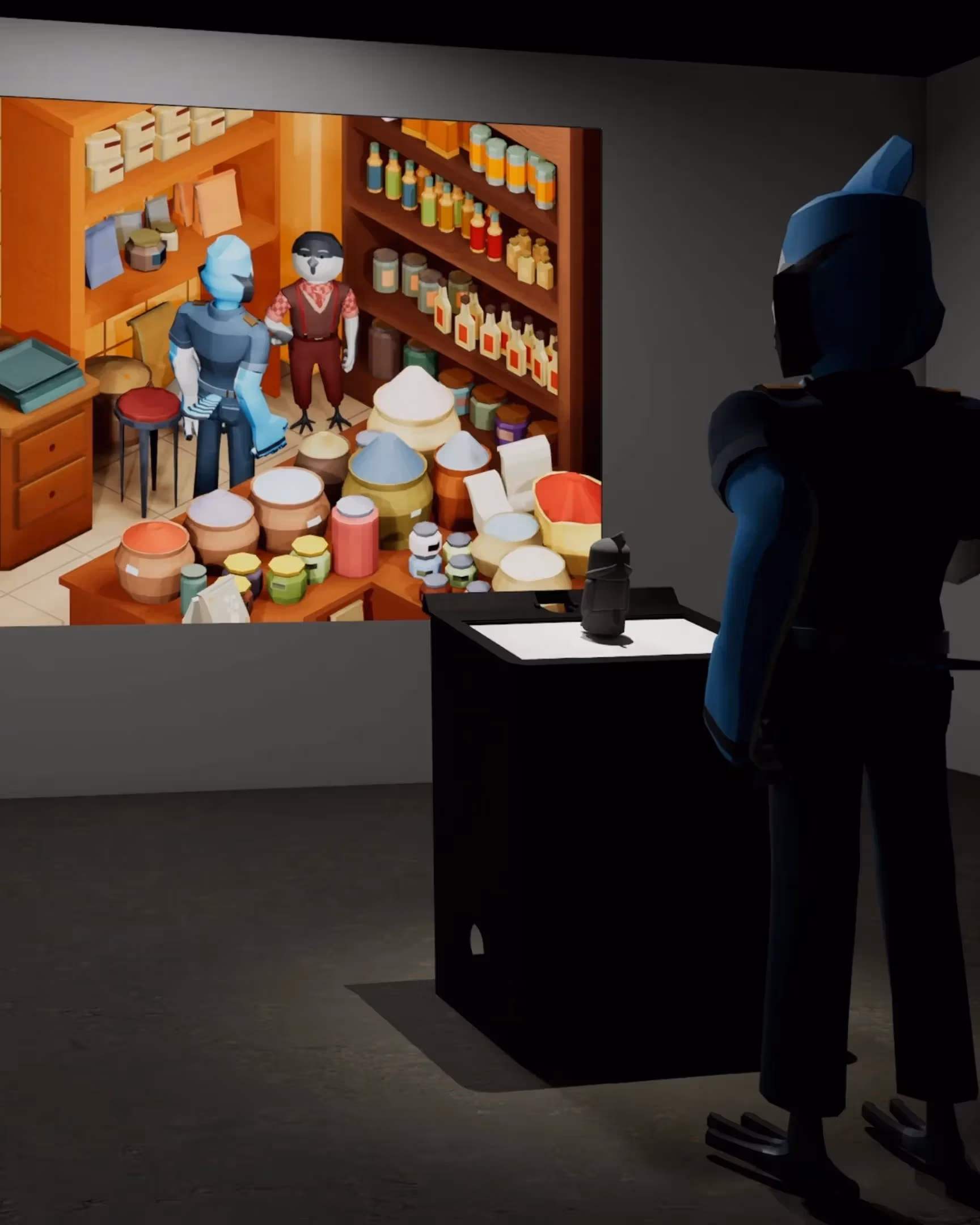 Isometric Cartoon Blue Jay standing in front of interactive game kiosk and installation being projected on a wall.