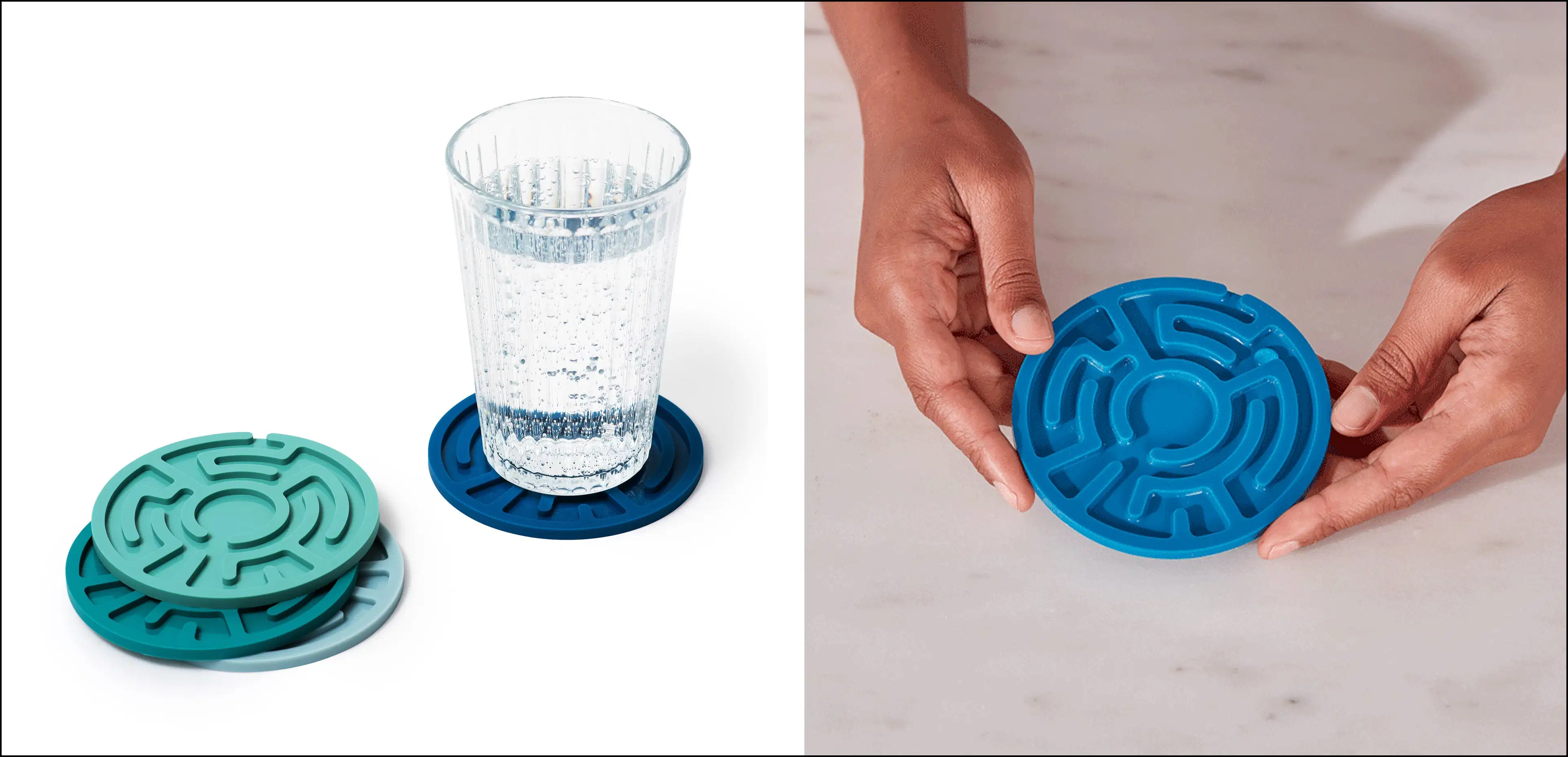 Two color photographs side by side: On the left is a stack of three maze-shaped drink coasters and a glass of what appears to be seltzer resting on another coaster. On the right is a pair of hands holding a maze-shaped coaster and coaxing a drop of water through the maze.