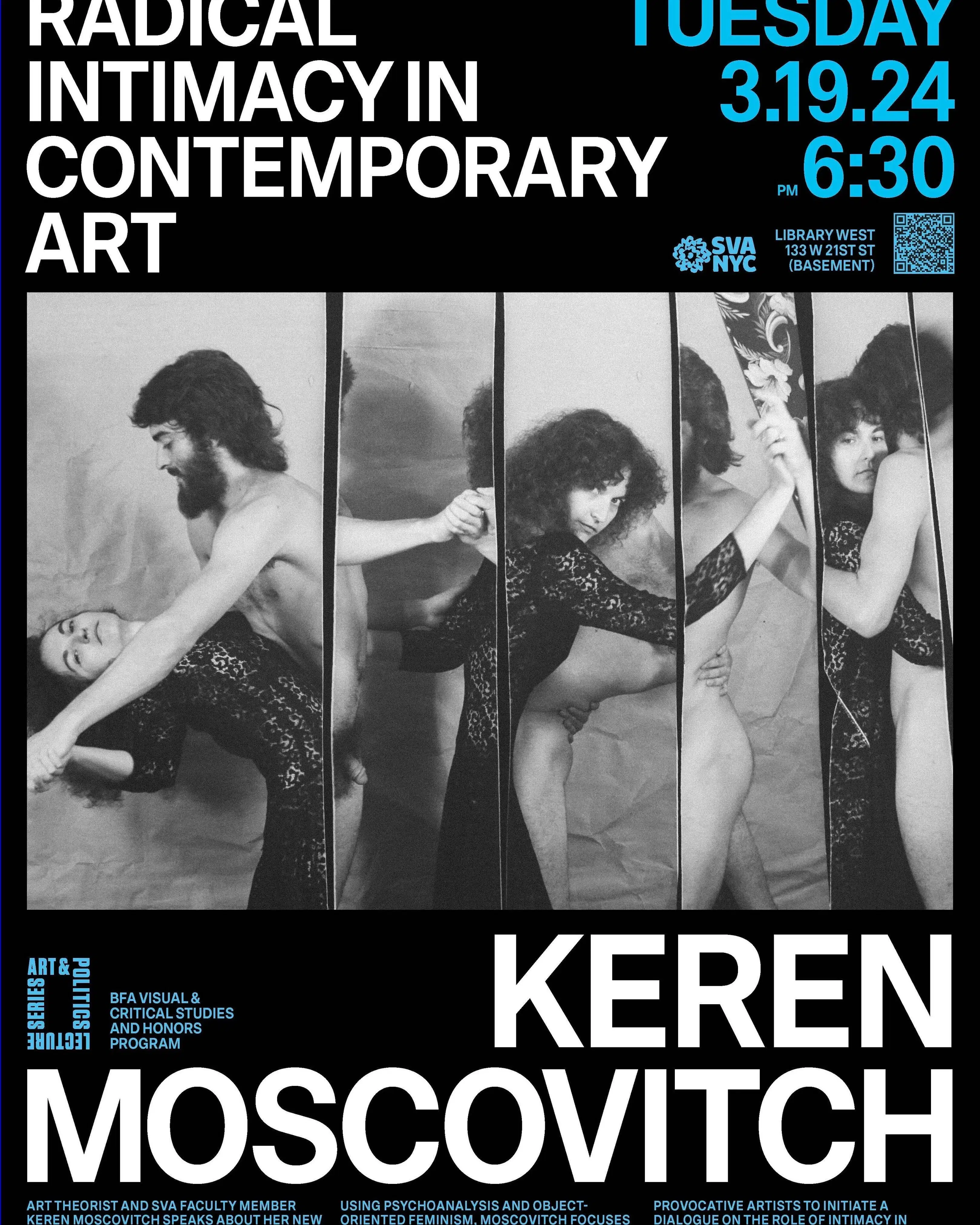 Poster for book event, Barbara DeGenevieve intimate work, man and woman in embrace, stares