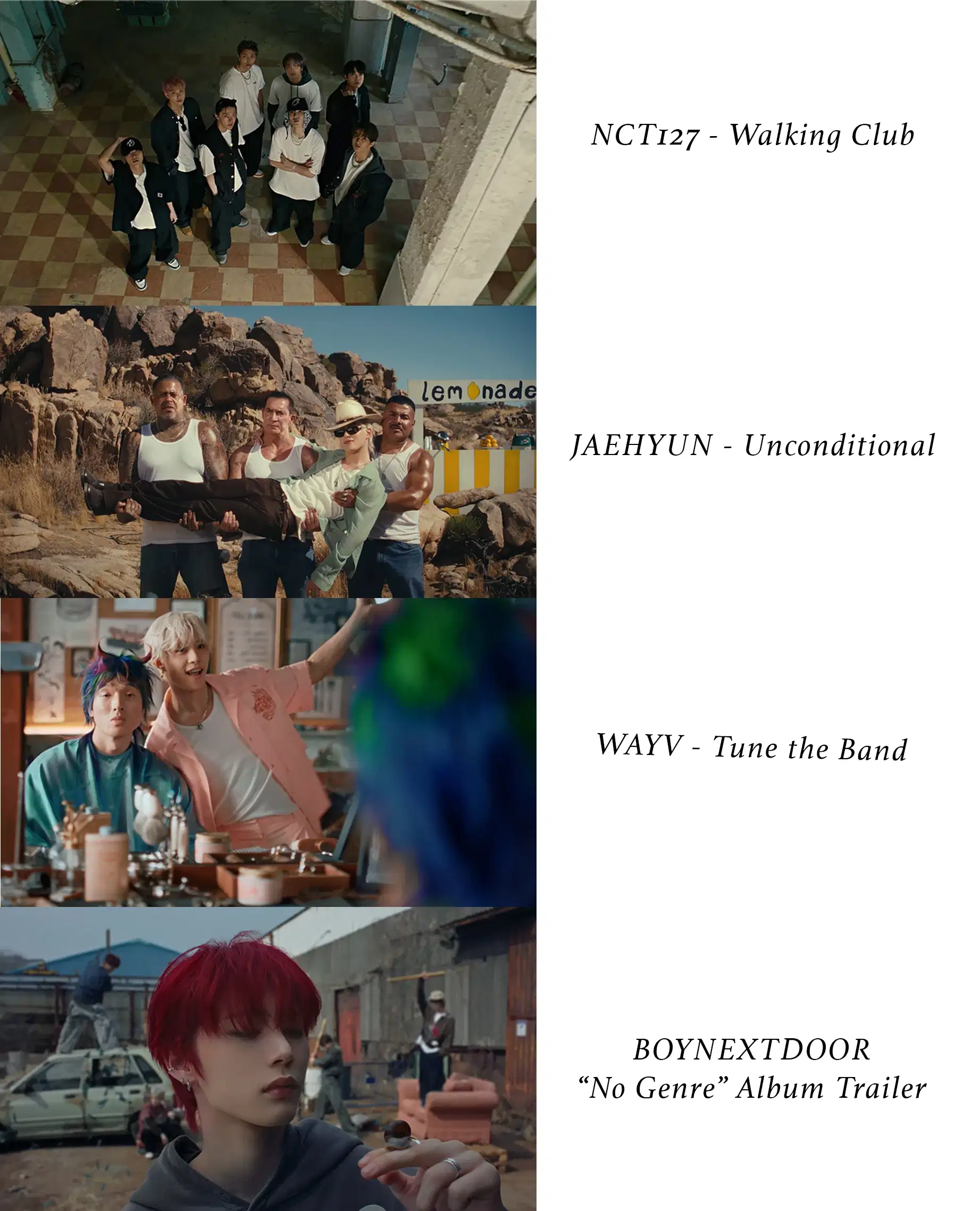 4 stills from different kpop music videos, all featuring male artists.