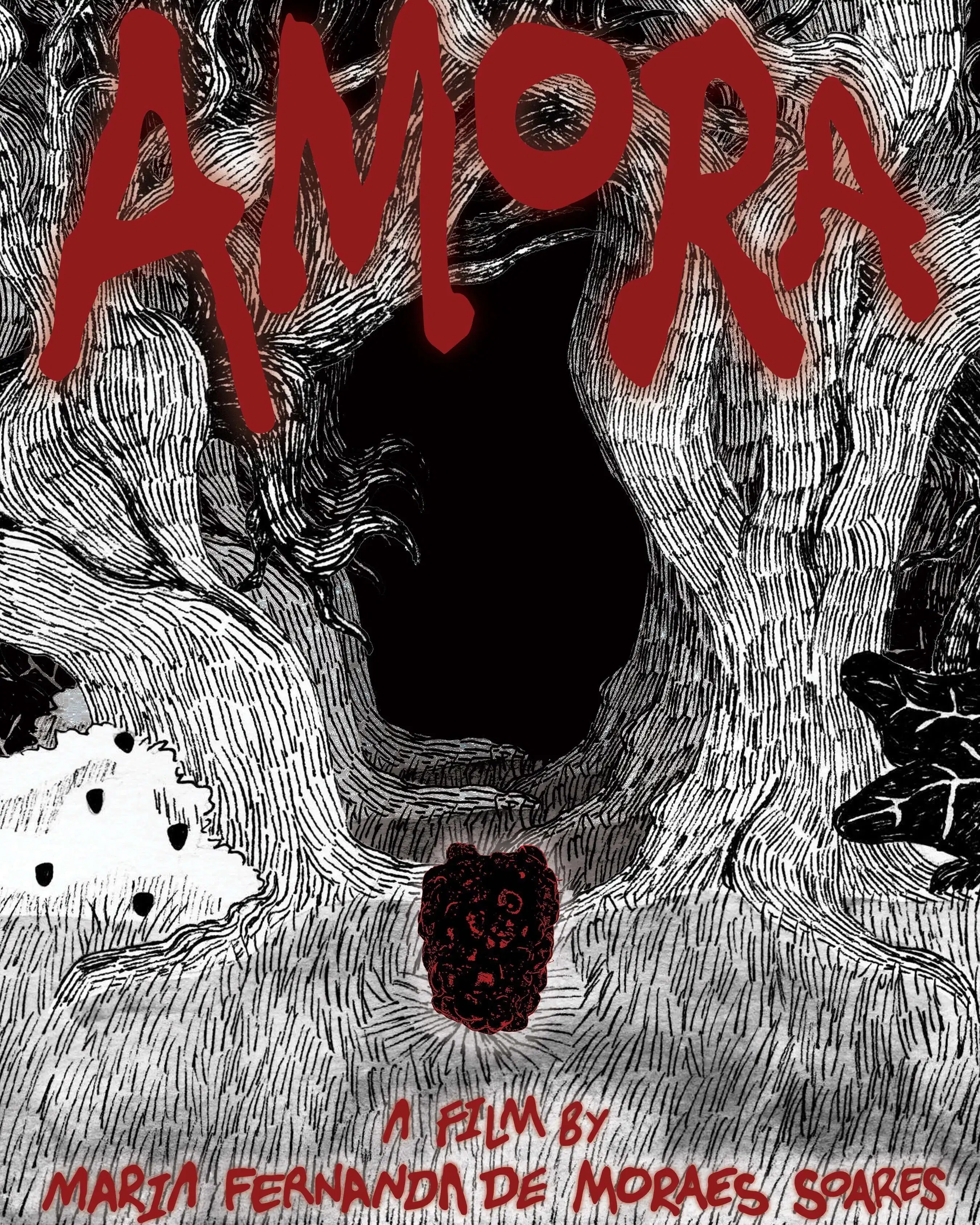 An illustration of a path between trees in black and white, with the word "amora" in red across the top.
