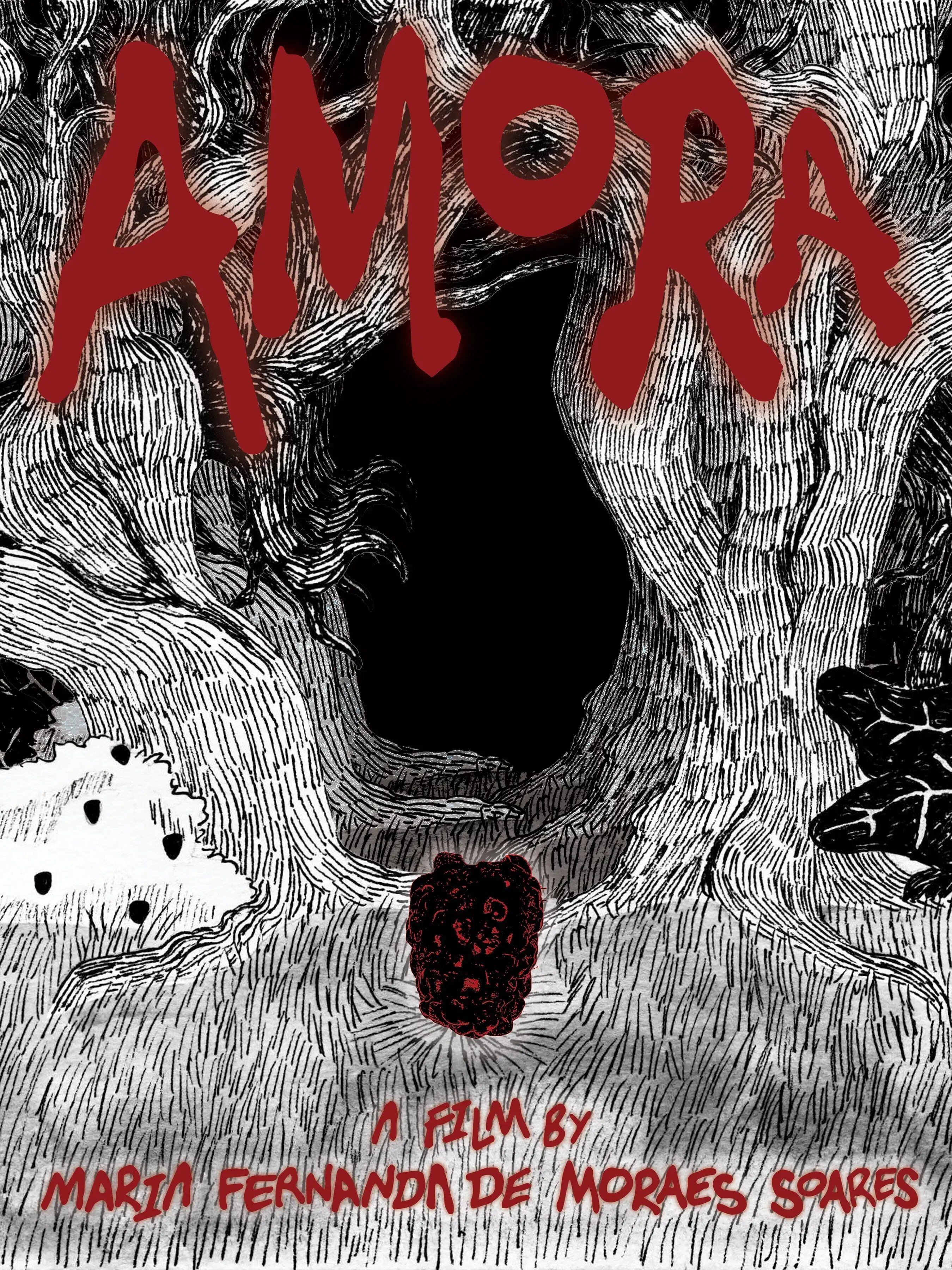 An illustration of a path between trees in black and white, with the word "amora" in red across the top.