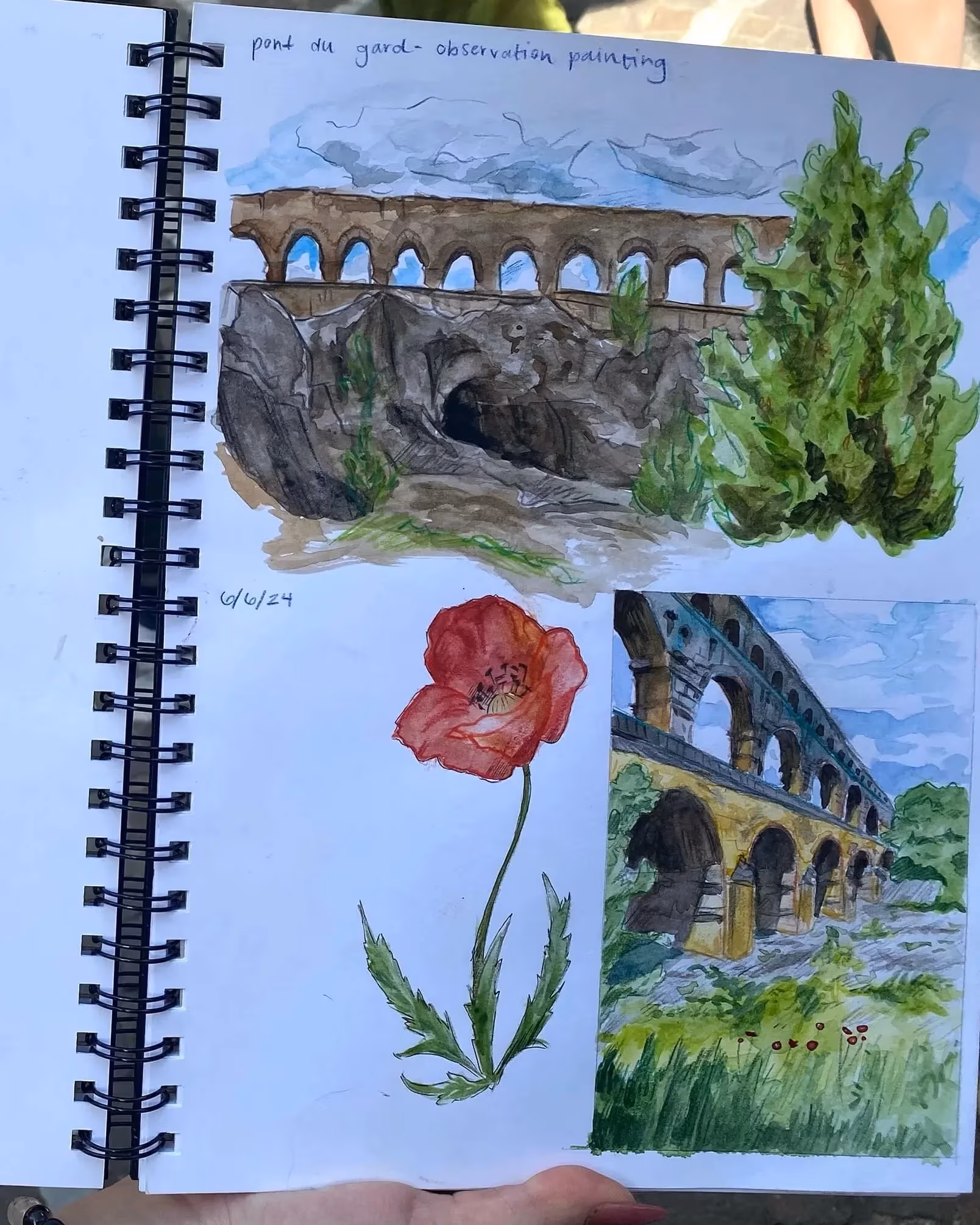 A sketchbook drawing of The Pont du Gard, an ancient Roman aqueduct bridge built in the first century AD