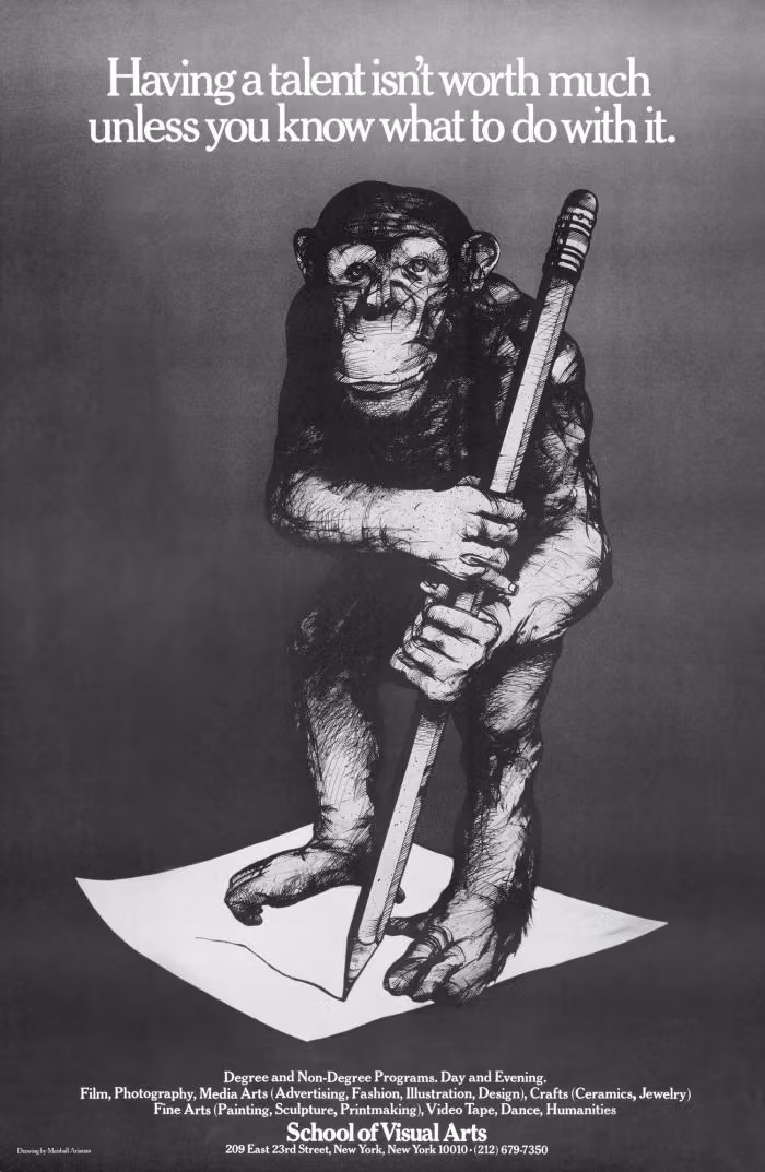 Black and white poster with a chimpanzee holding a large pencil while standing on a sheet of paper.