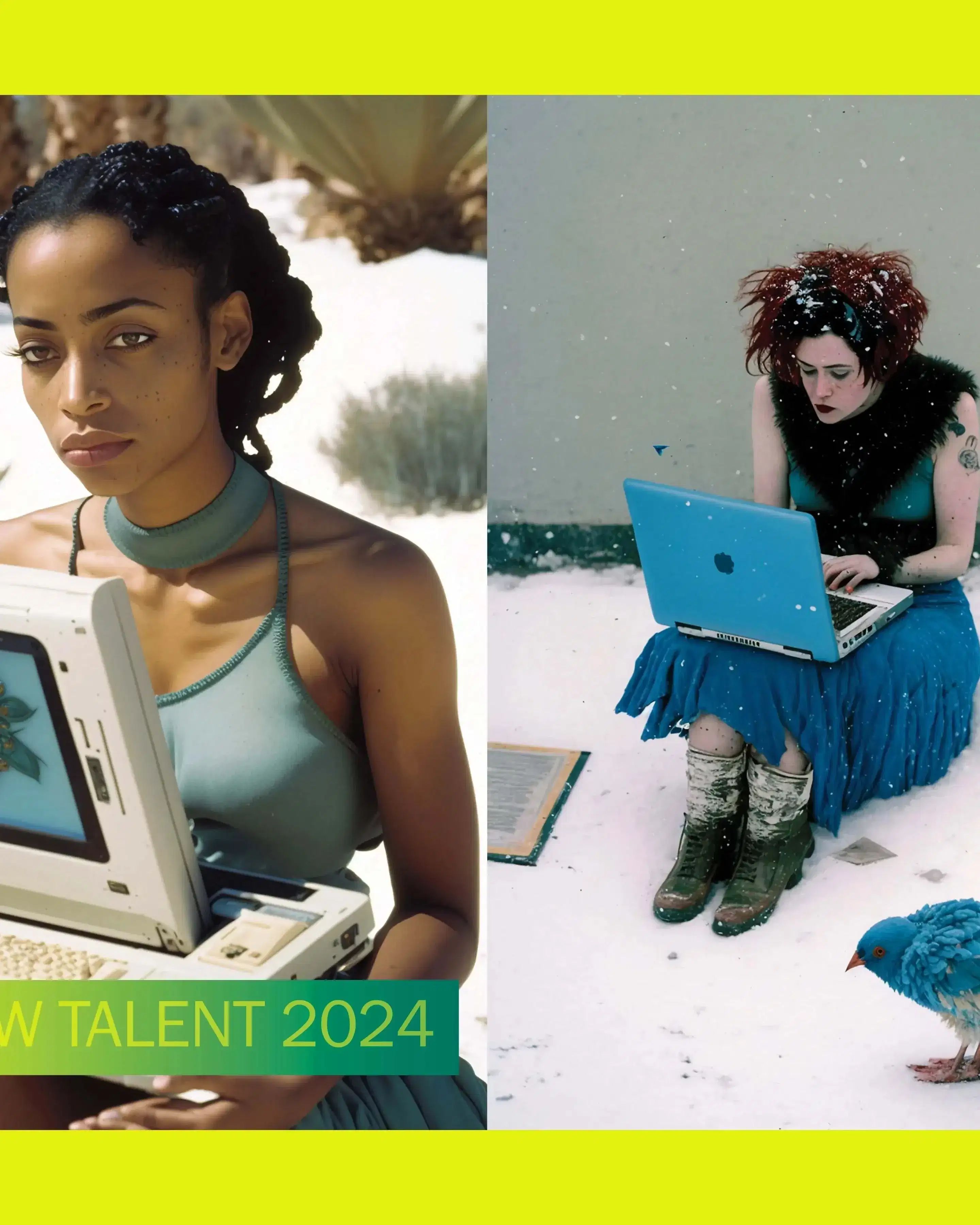 Two images featuring women using laptops, accompanied by a bird in the scene, showcasing a blend of technology and nature.