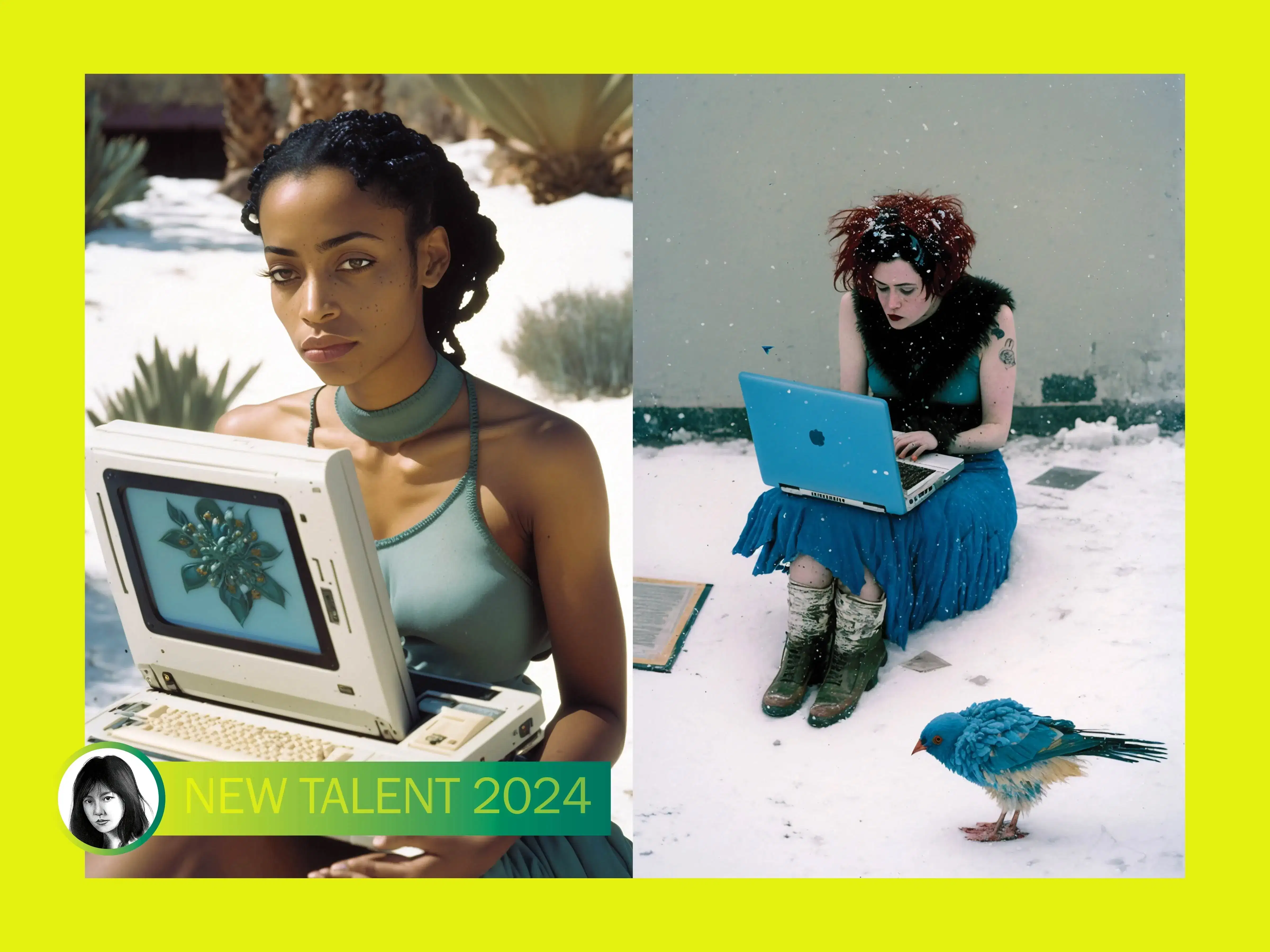 Two images featuring women using laptops, accompanied by a bird in the scene, showcasing a blend of technology and nature.