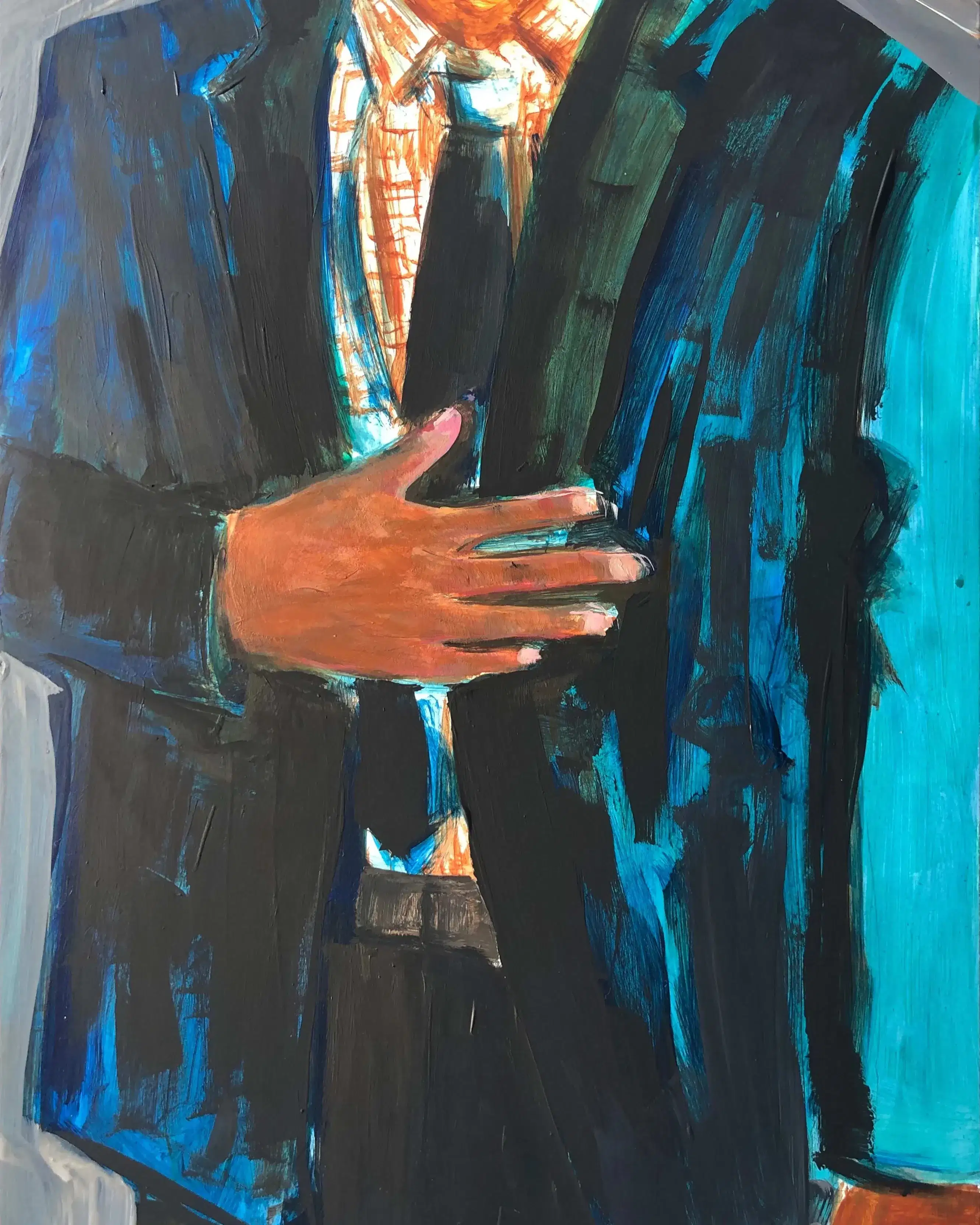 Painting of a man's torso. The man is wearing a blue suit jacket and his hand is resting on his stomach.