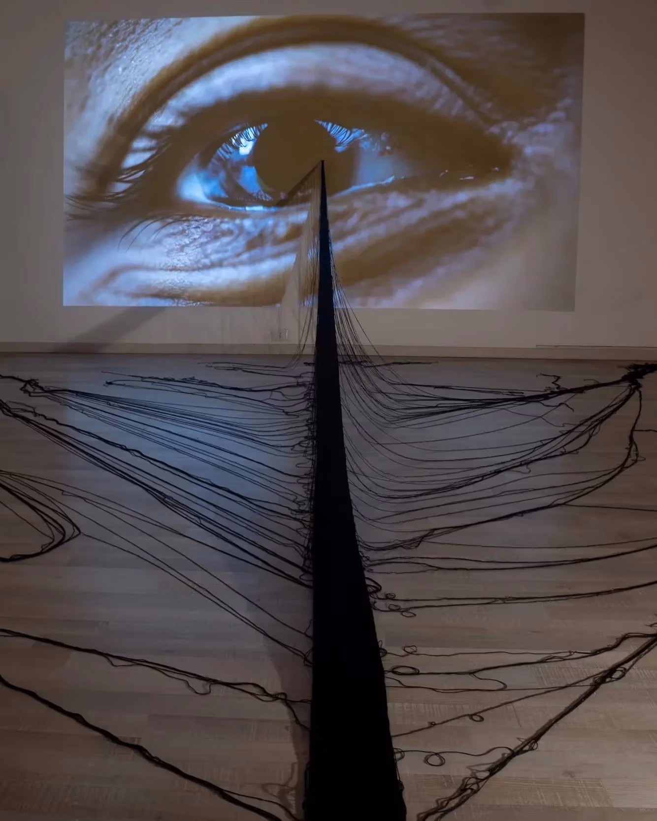 Jeanine Oleson, “In plane site”, 2024, installation includes hand-made cotton weaving and video projection 