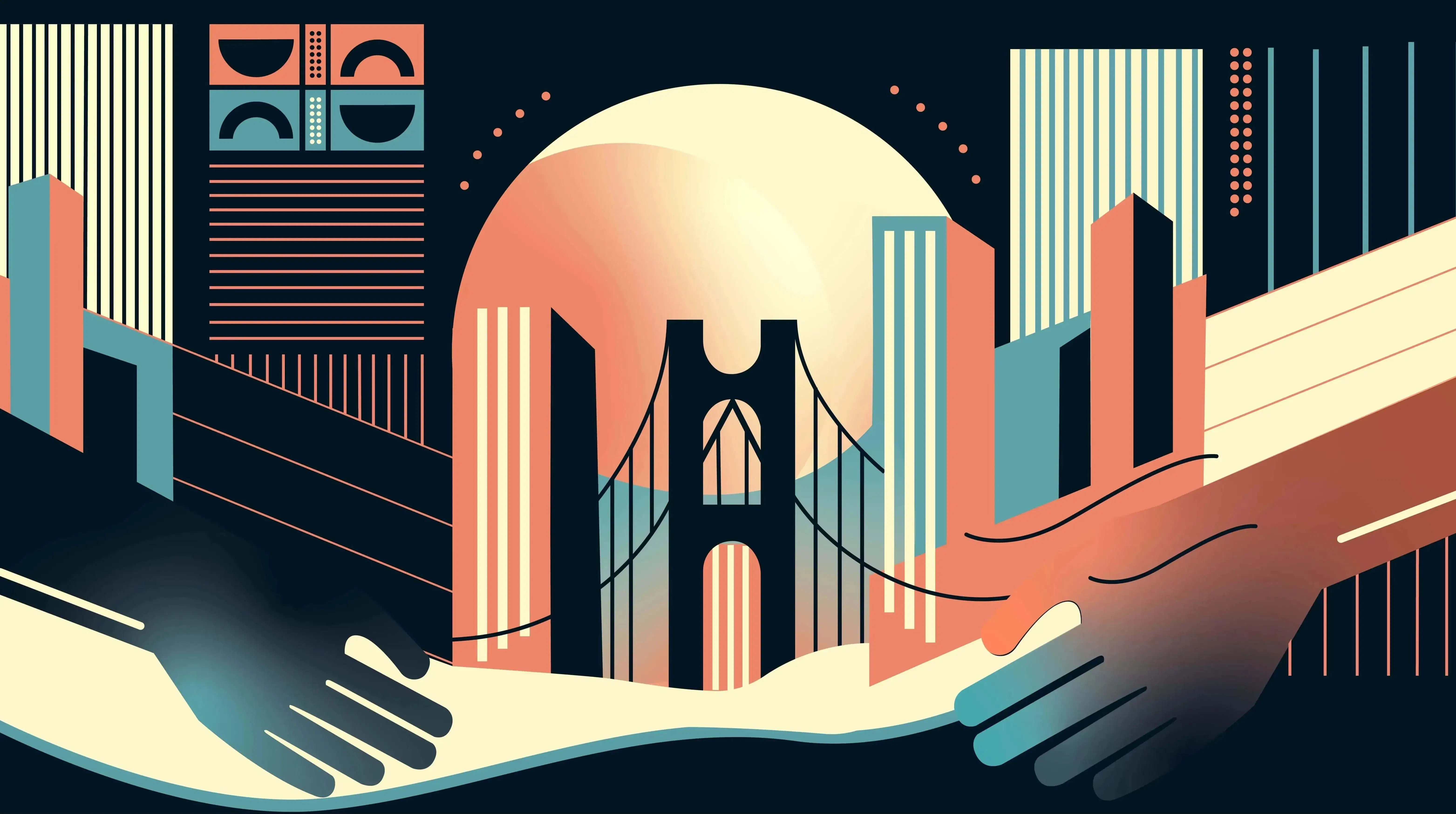 an illustration of two hands outstretched towards the williamsburg bridge in a dark palette with blocky black, blue and peach toned outlines