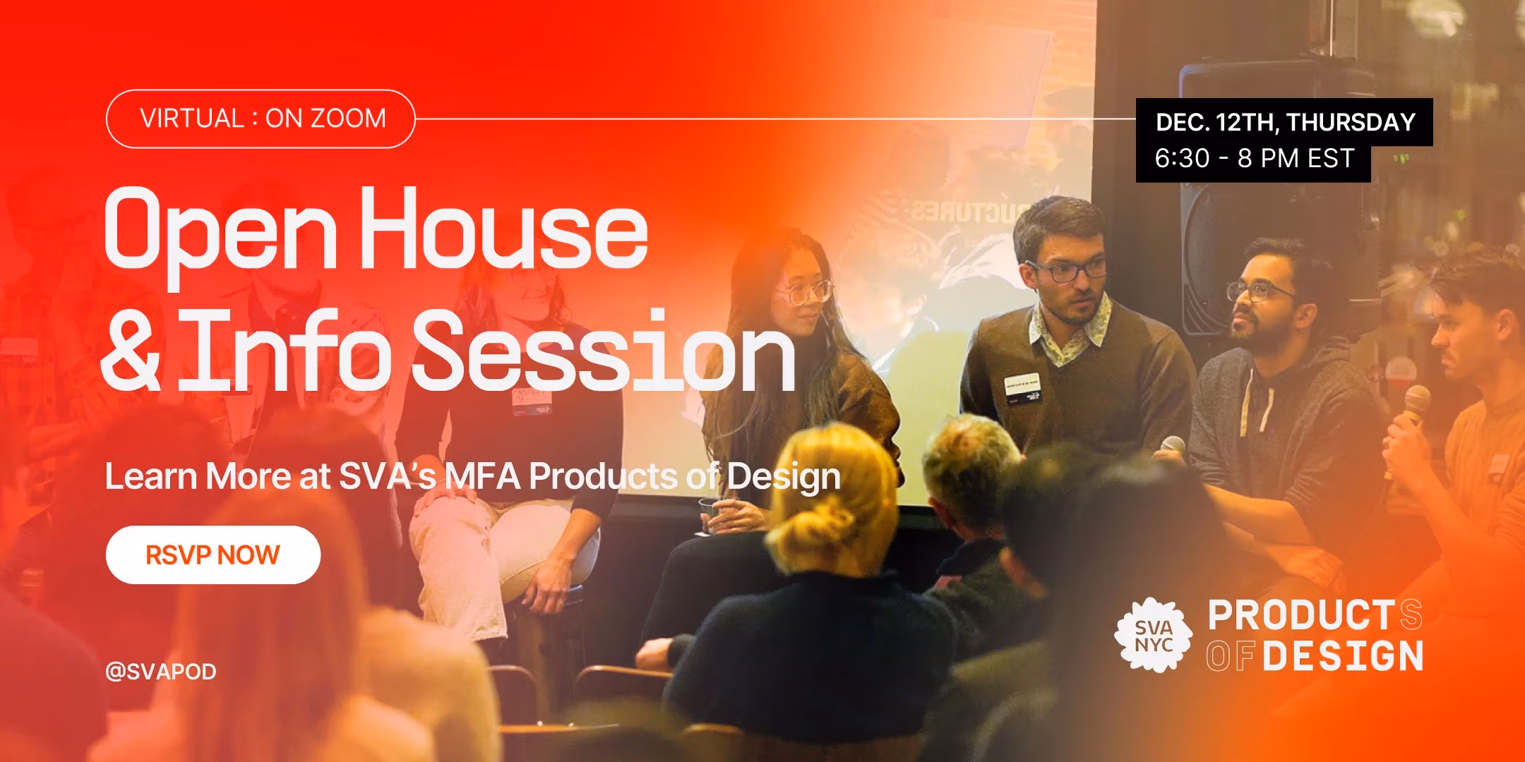 Image of Open house graphic with individuals gathered speaking.