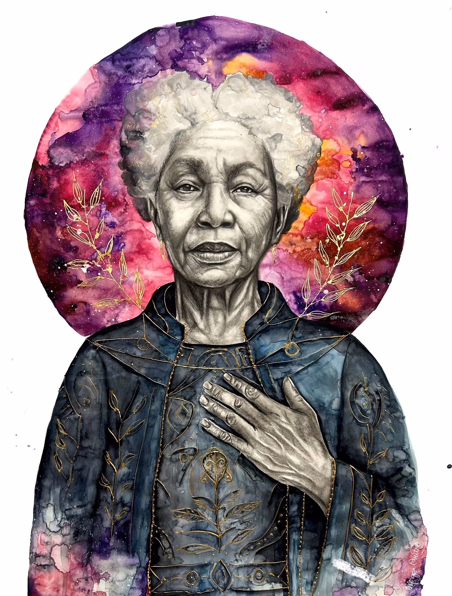 Morgan Overton, Oracle of the Unlost Heart, 2025, watercolor, graphite, gold Leaf, relief paint, 22" x 30".