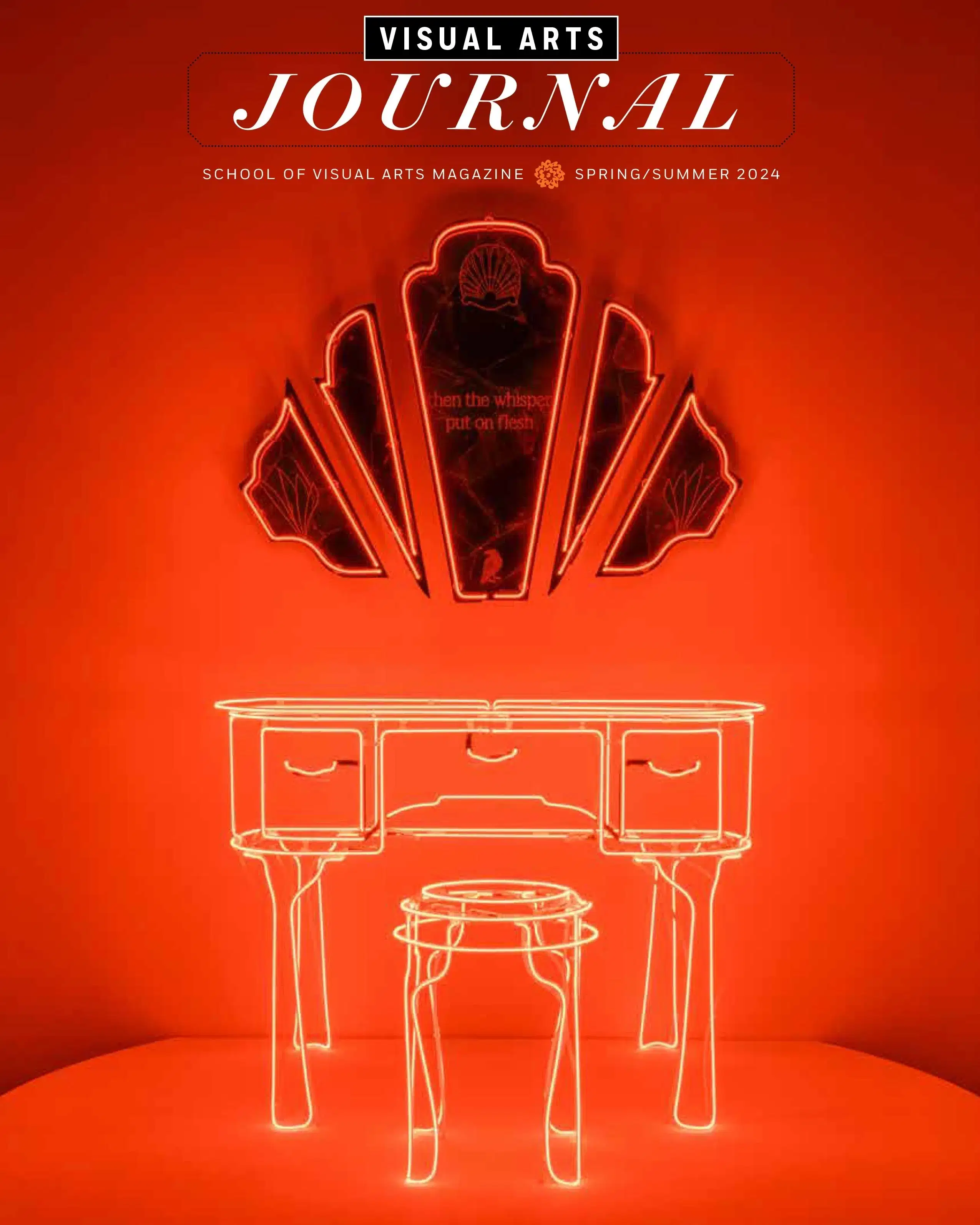 A magazine cover featuring a photograph of a neon and mirror sculpture. The neon has been sculpted to take the forms of a stool and a vanity table.