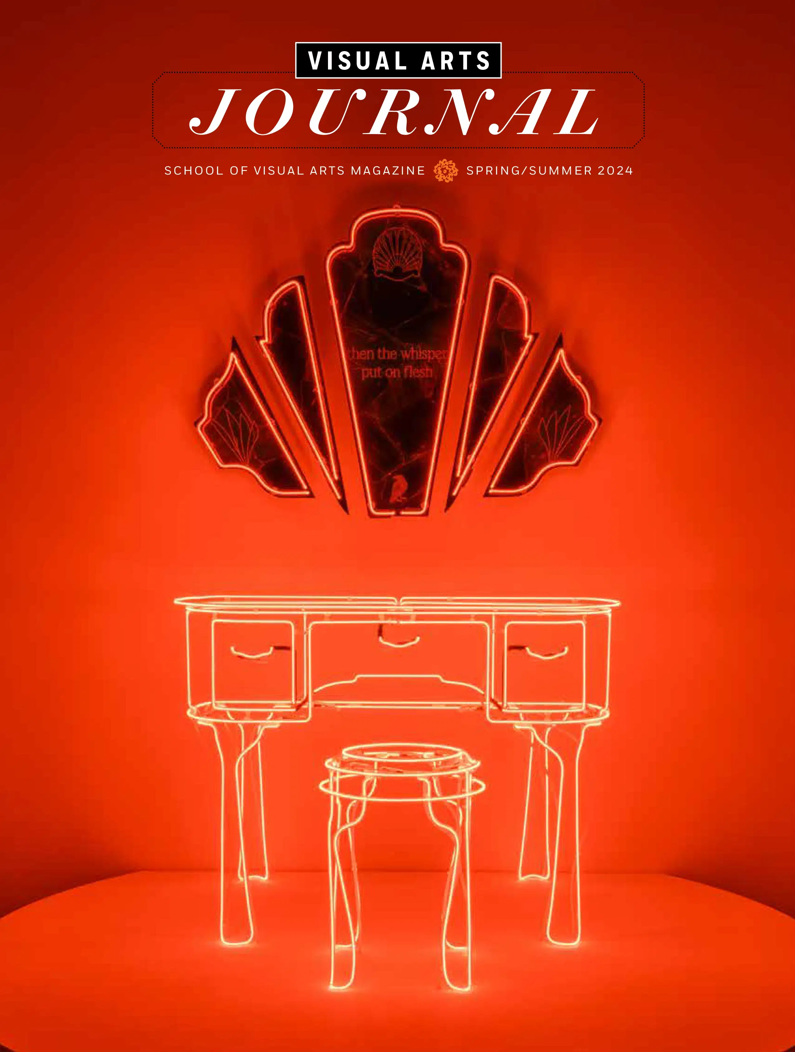 A magazine cover featuring a photograph of a neon and mirror sculpture. The neon has been sculpted to take the forms of a stool and a vanity table.