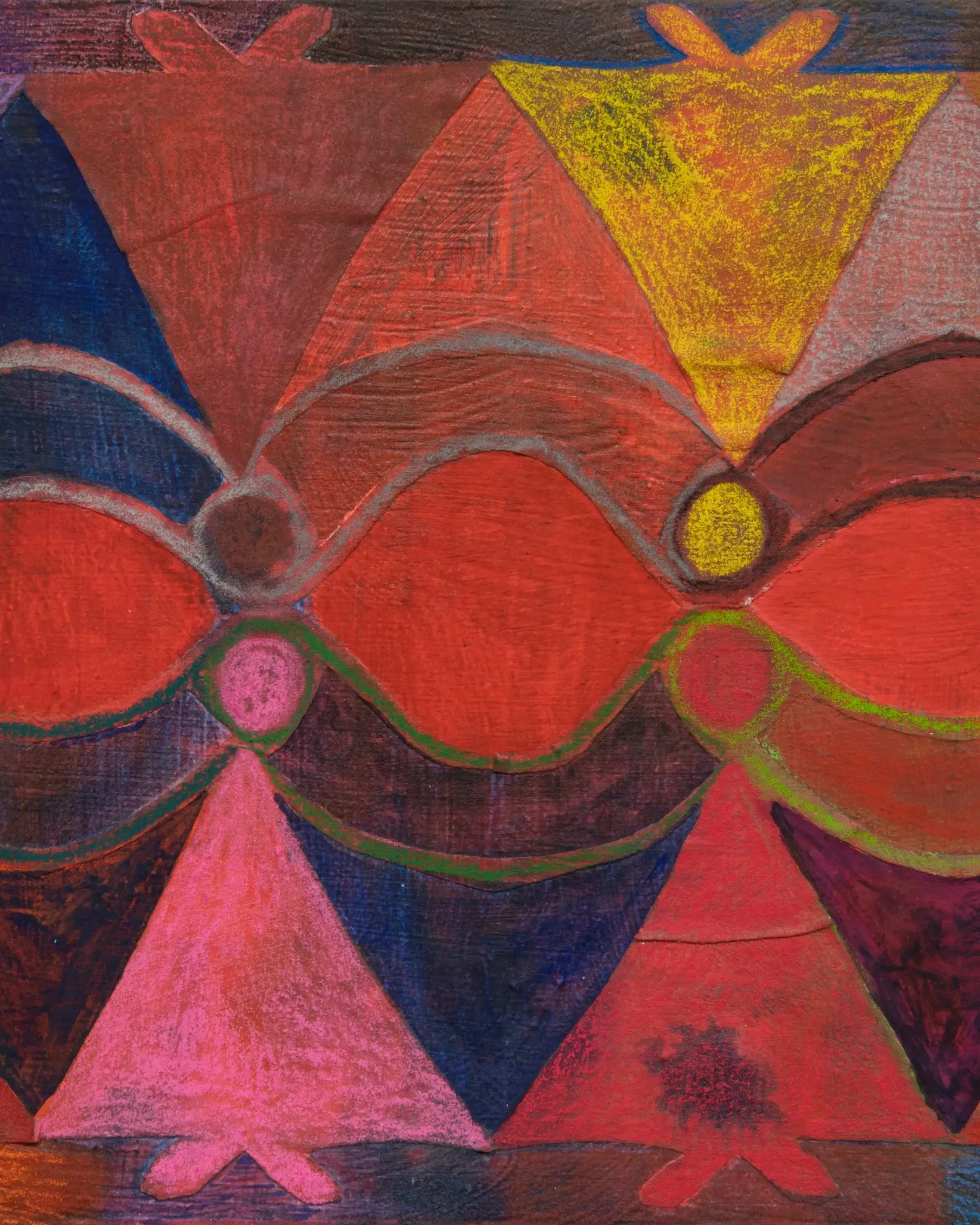 Painting of two sets of paper doll chains mirrored, on a red field with pops of pink, yellow, and purple.