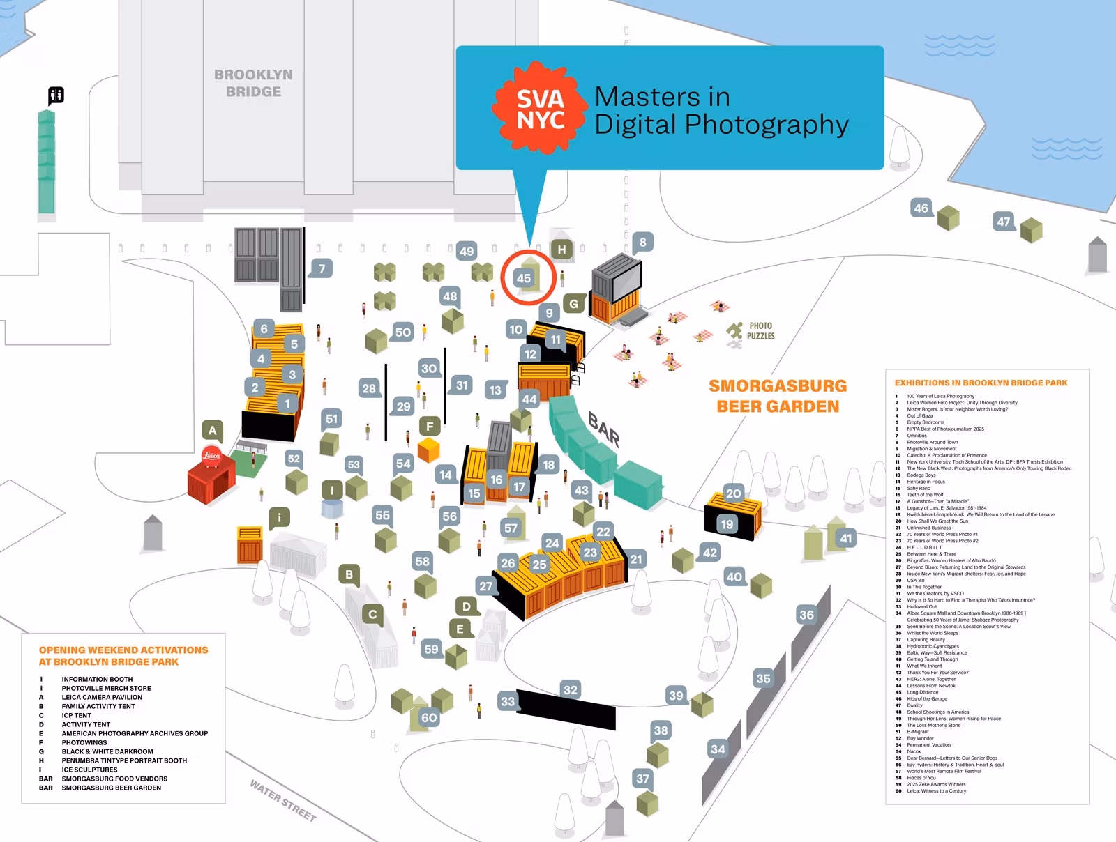A map of the Photoville campus at the Brooklyn Bridge Park. SVA Masters in Digital Photography is located at No. 45, toward the northeast end of the campus, at the foot of the Brooklyn Bridge. 