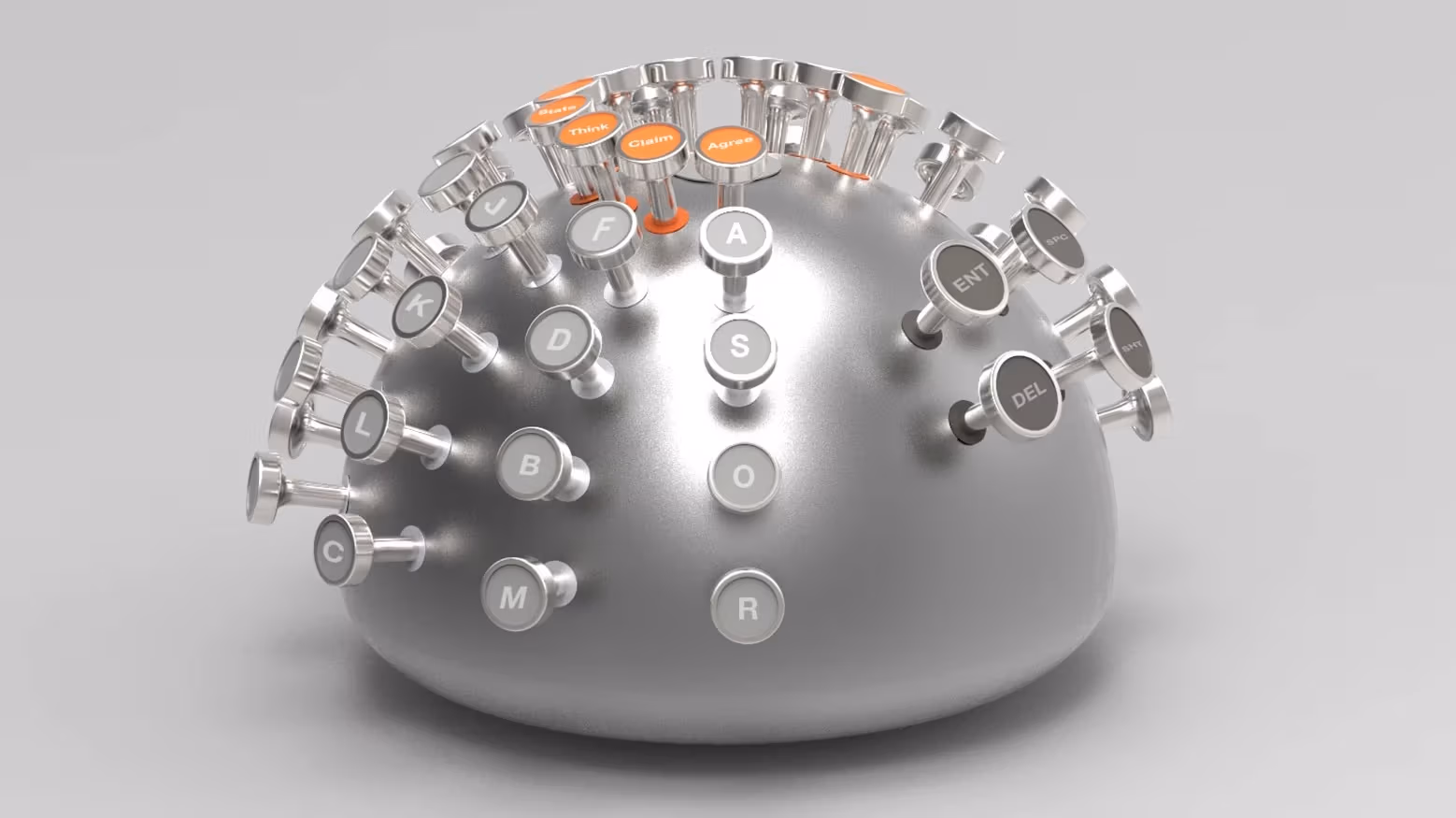 Photorealistic image of a hemispherical dome which has typewriter keys protruding from its surface like a porcupine, resting on a nondescript gray surface.