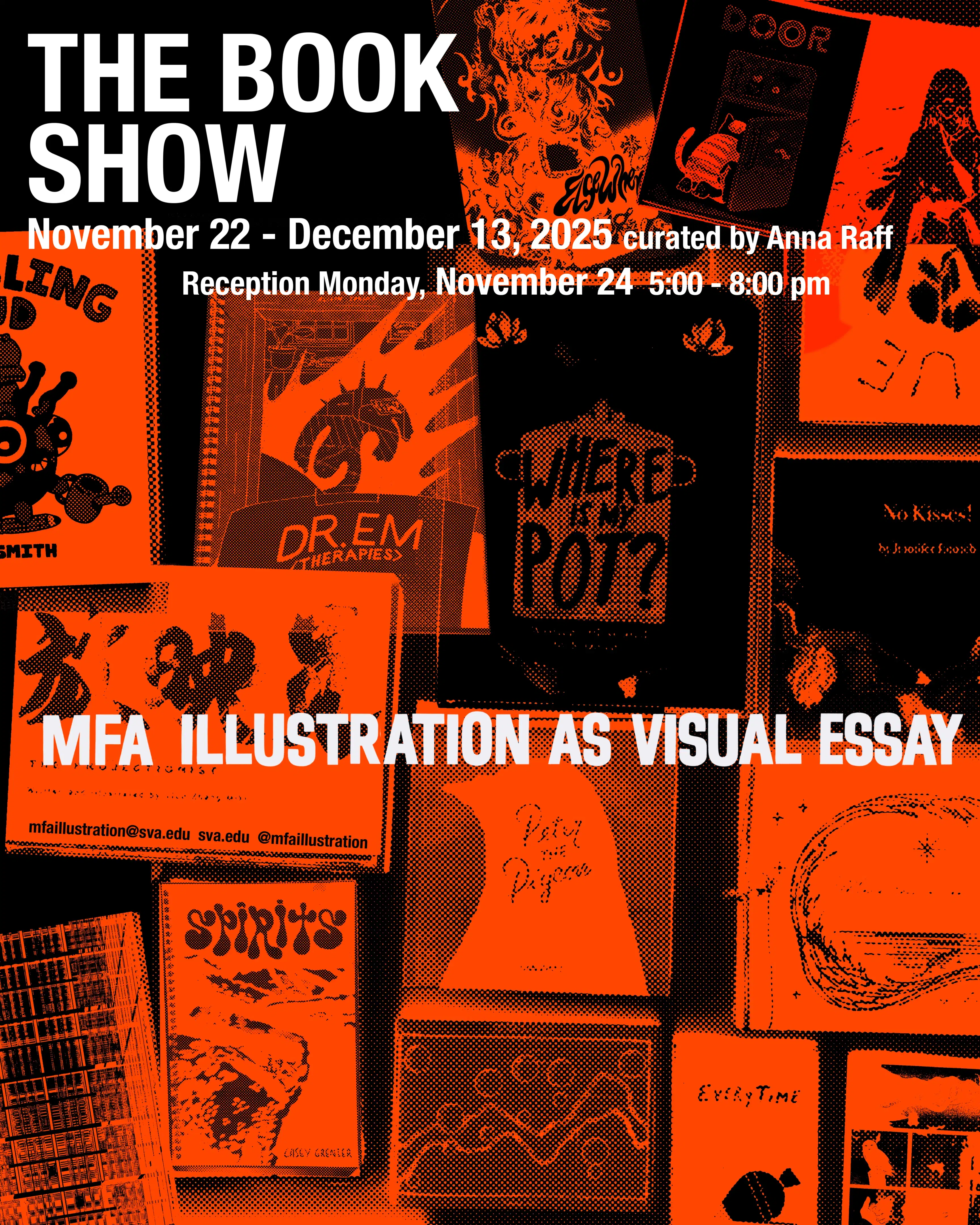 photograph of 19 book covers with a wash of red over entire image, along with text annnouncing the event 