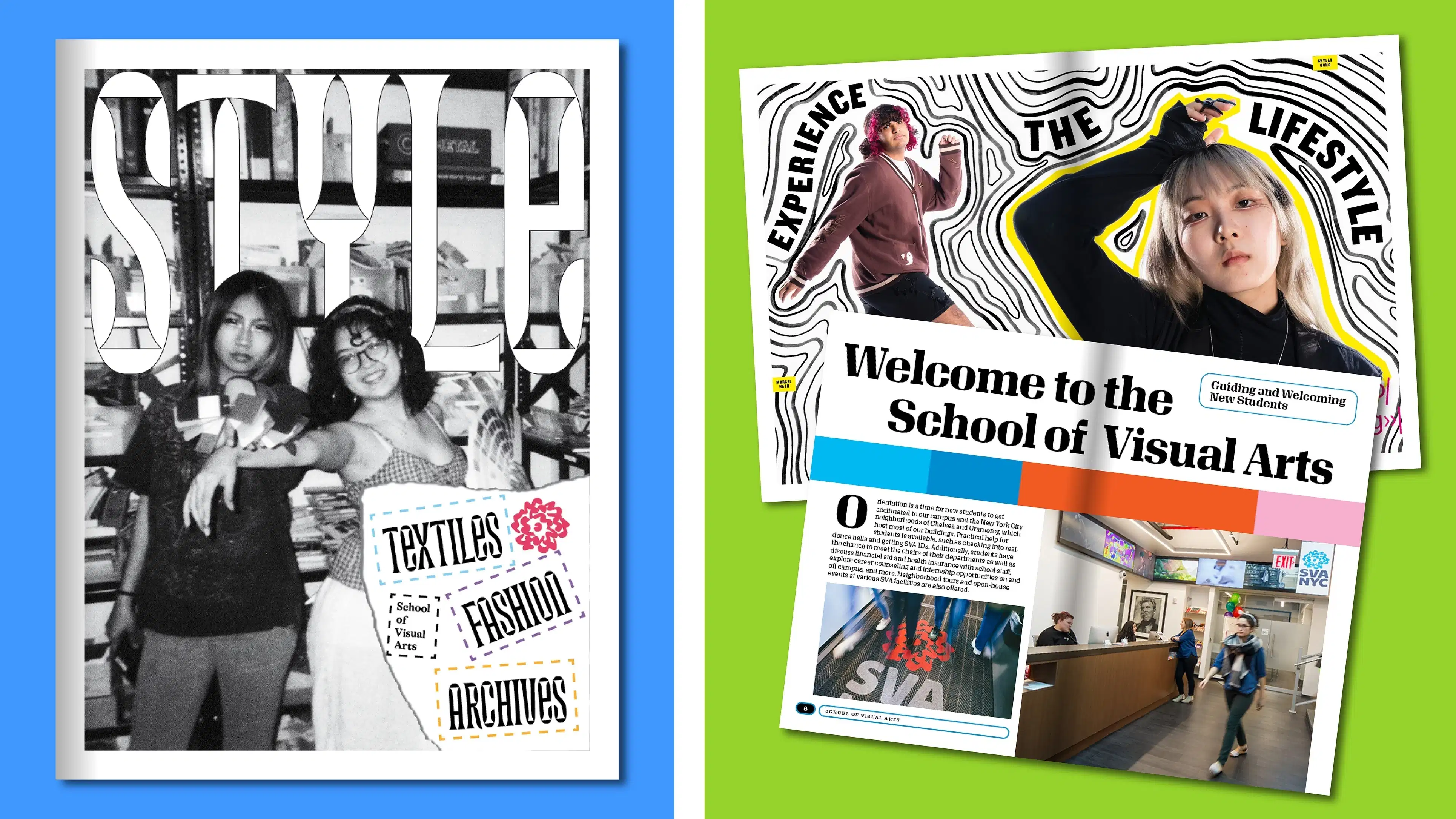 Two tiles showing printed layout designs. The left tile is the cover of a Style newsletter with a black-and-white photo of two students, a torn-corner graphic with a red flower logo, and dotted text boxes labeled “textile,” “School of Visual Arts,” “fashion,” and “archives.” The right tile shows interior spreads with students labeled “experience SVA” and “the lifestyle.” In front is another spread titled “Welcome to the School of Visual Arts,” featuring a photo of an SVA welcome-mat entryway and a photo of the welcome center with digital screens, staff at the desk, and visitors.