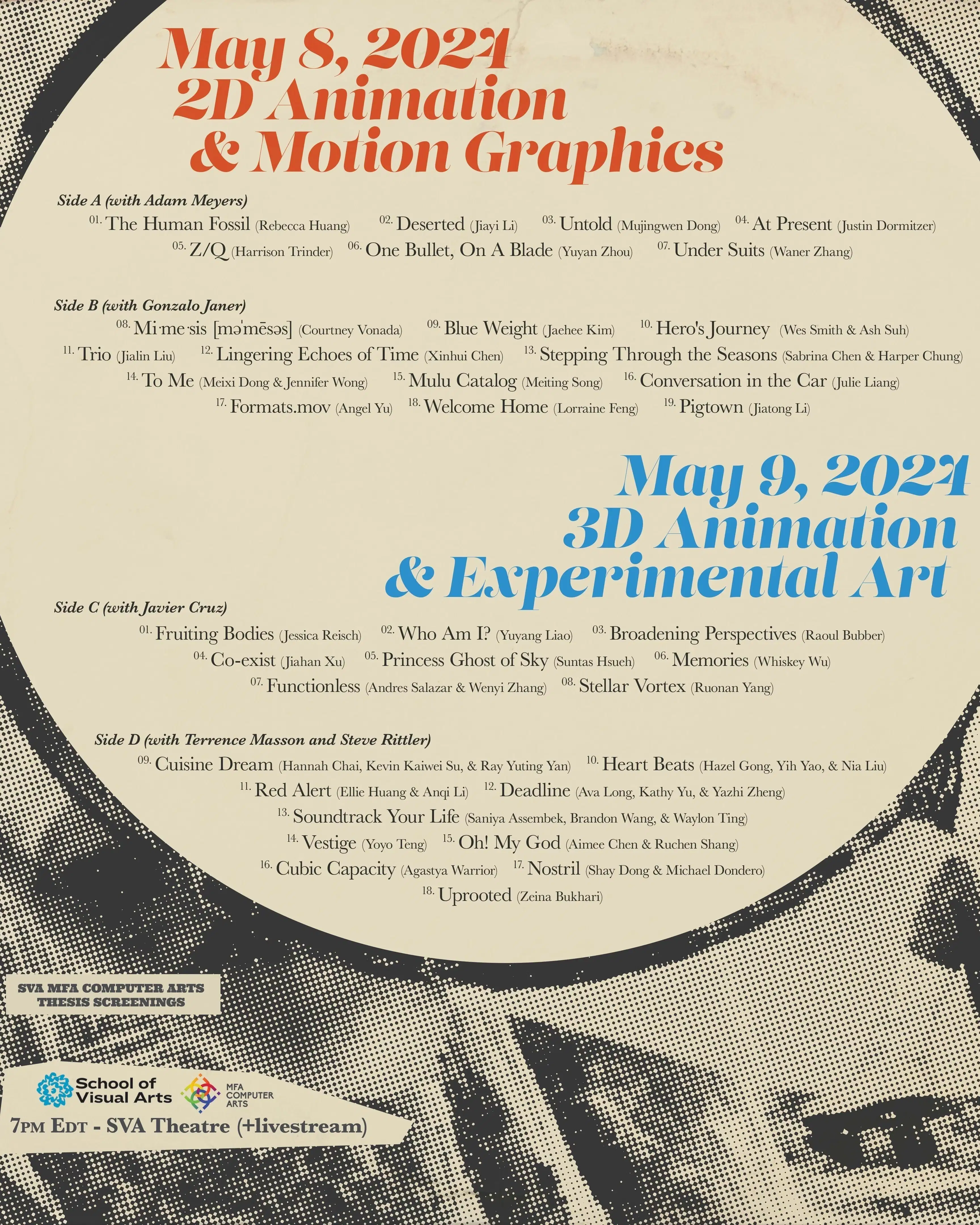 Screening program with a posterized effect of a woman kicking a circle with the program information inside