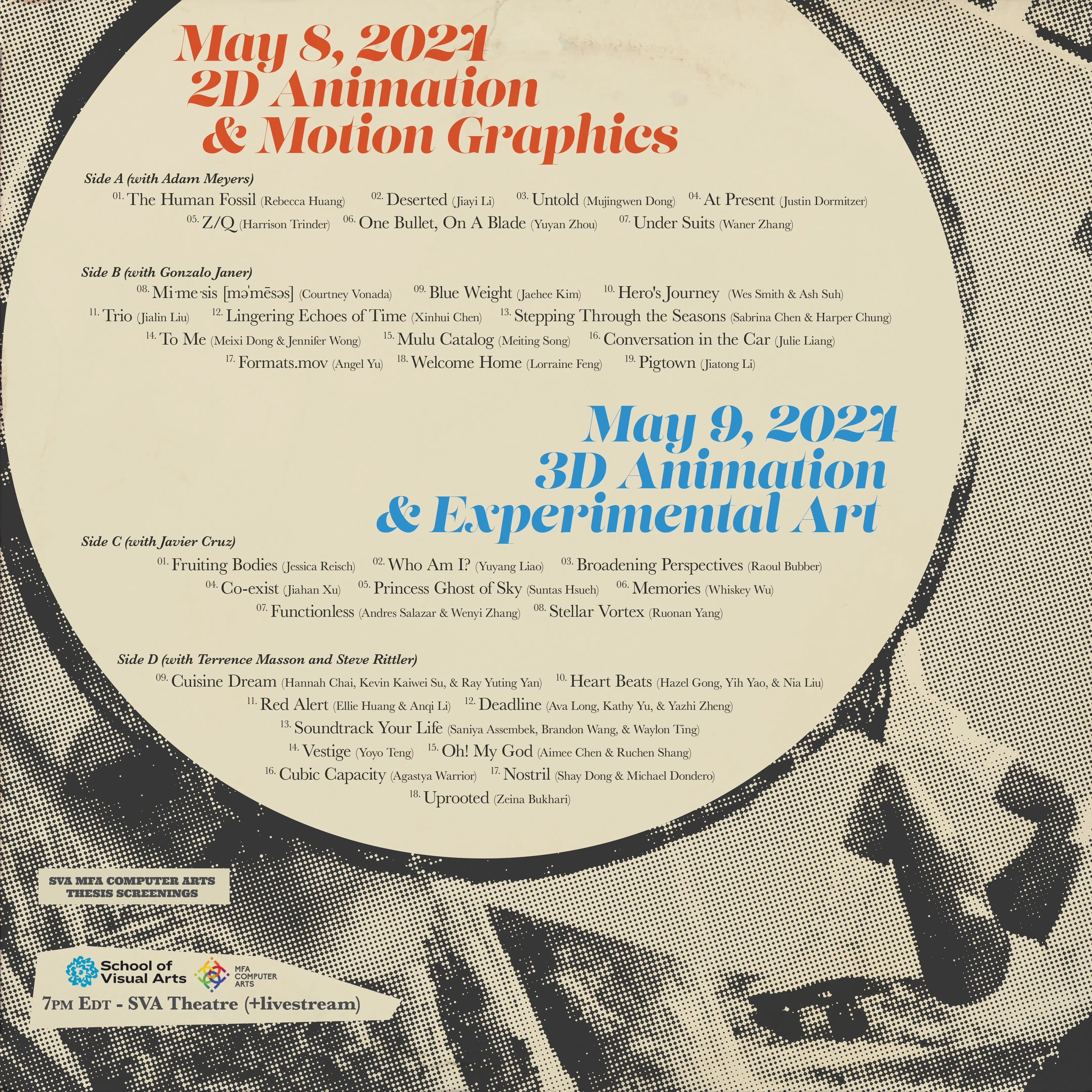 Screening program with a posterized effect of a woman kicking a circle with the program information inside