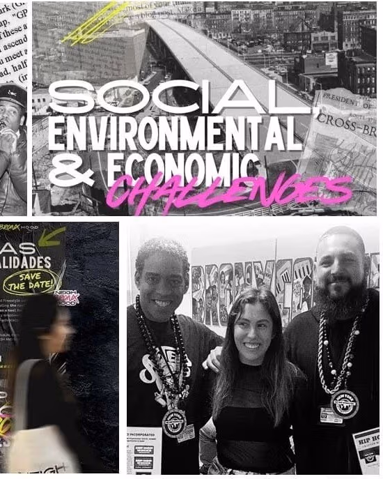 A collage of various black and white promotional posters with vivid green and purple imagery; people inside a classroom, writing on papers and smiling posing for pictures.