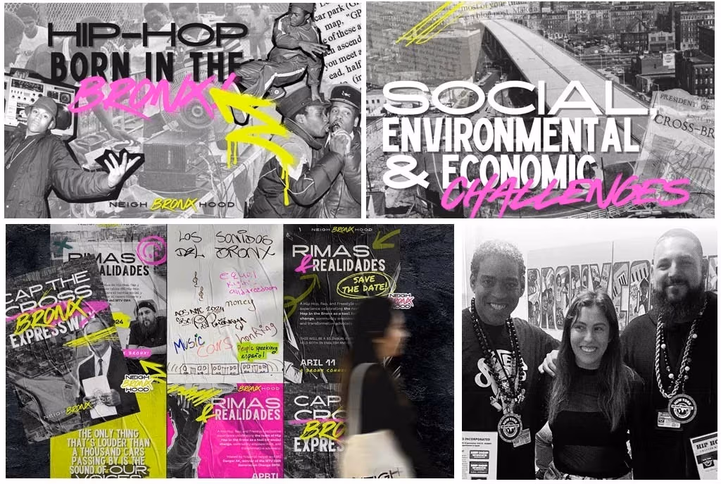 A collage of various black and white promotional posters with vivid green and purple imagery; people inside a classroom, writing on papers and smiling posing for pictures.