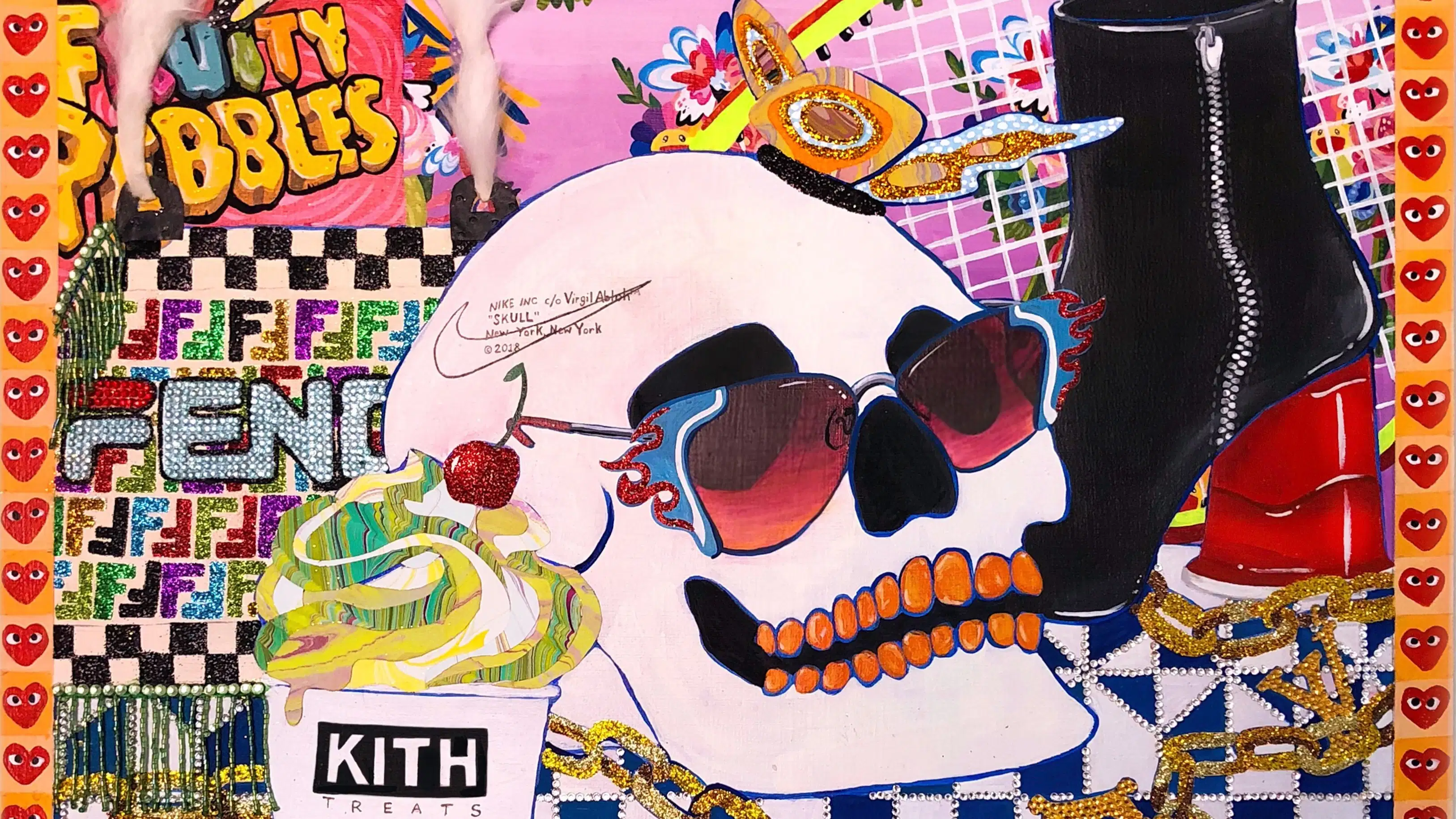 painting of skull in sunglasses surrounded by objects
