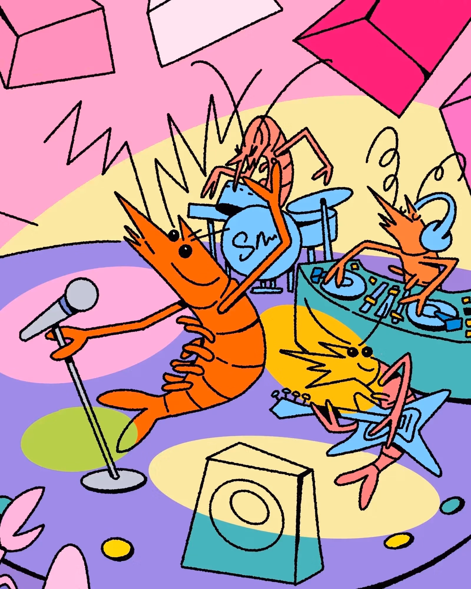 A brightly colored illustration of a band of shrimps performing at a club filled with other creatures and animals.