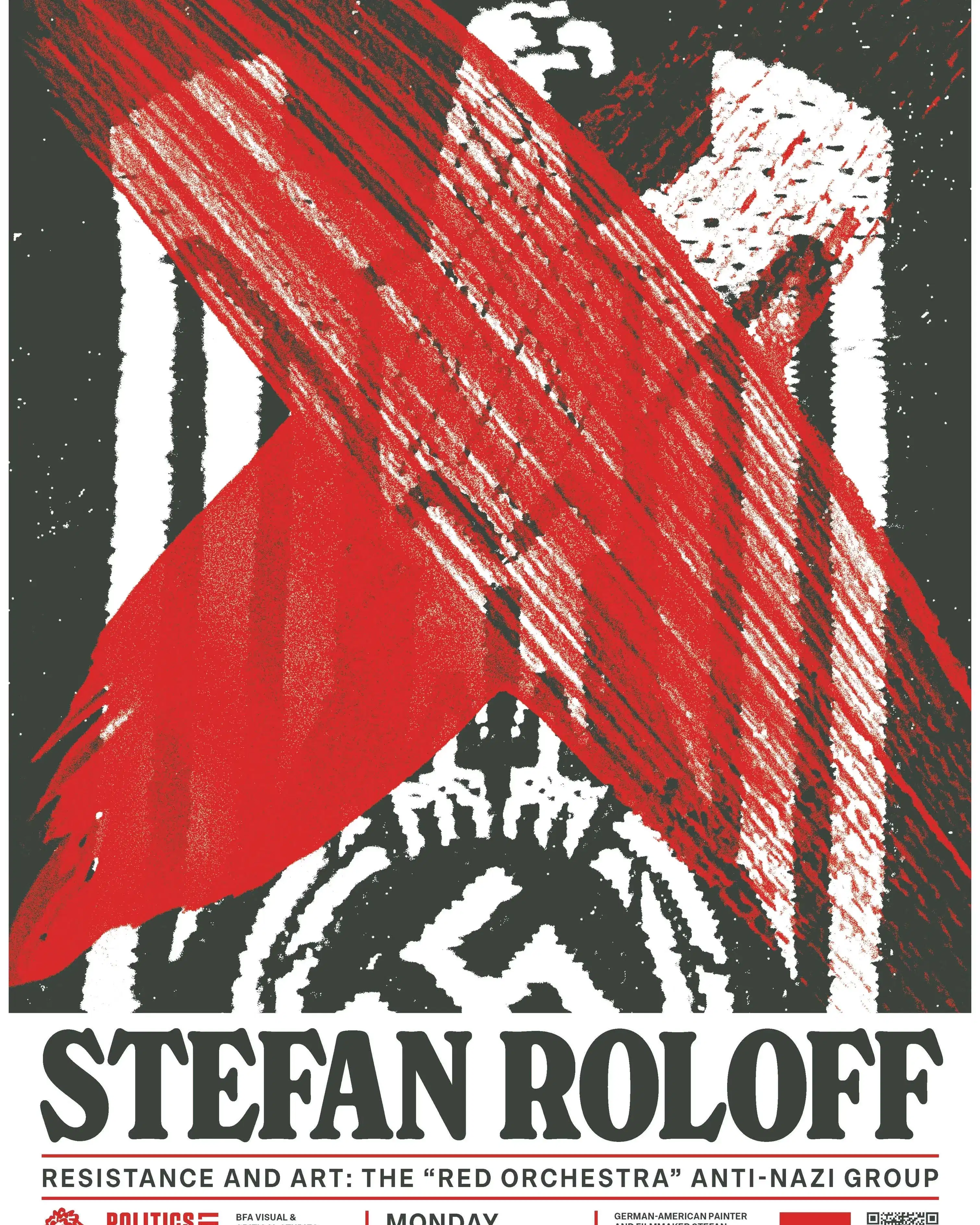 Poster for event, red paint crossing off a Nazi eagle symbol