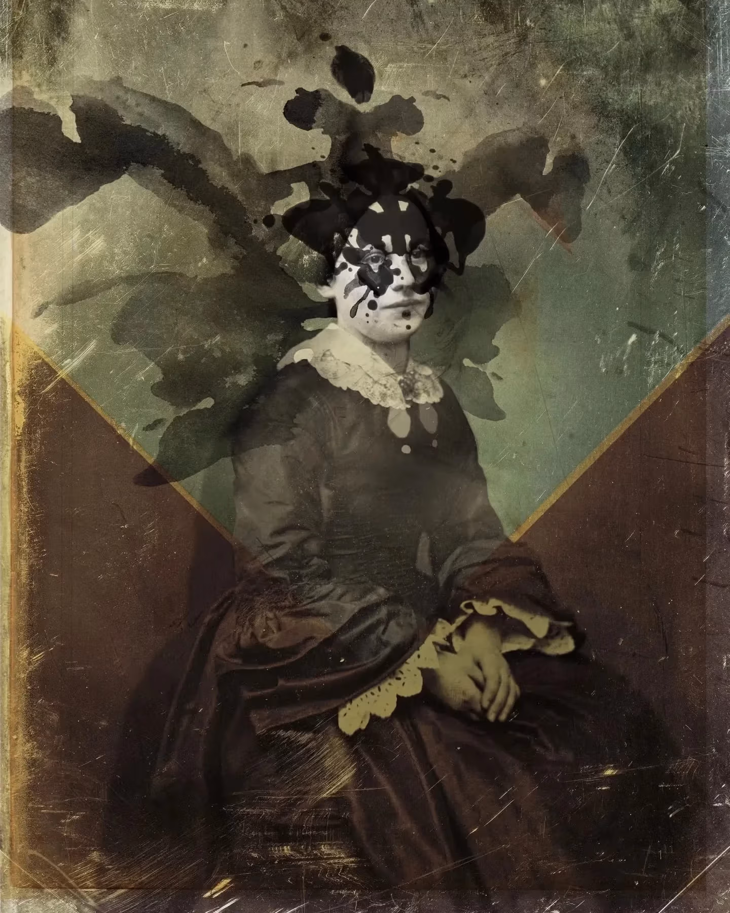 Ink rorschach pattern printed on an 19th century black and white photo portrait of a young woman.