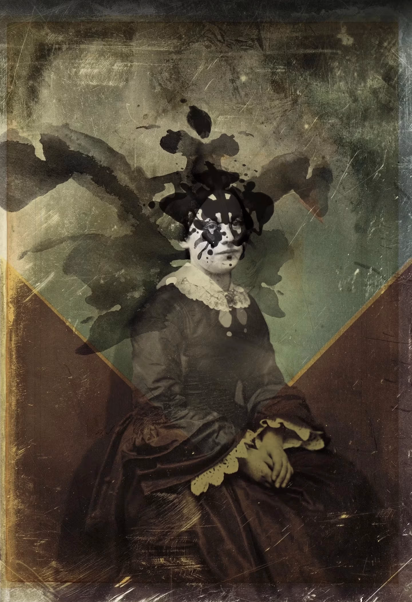 Ink rorschach pattern printed on an 19th century black and white photo portrait of a young woman.