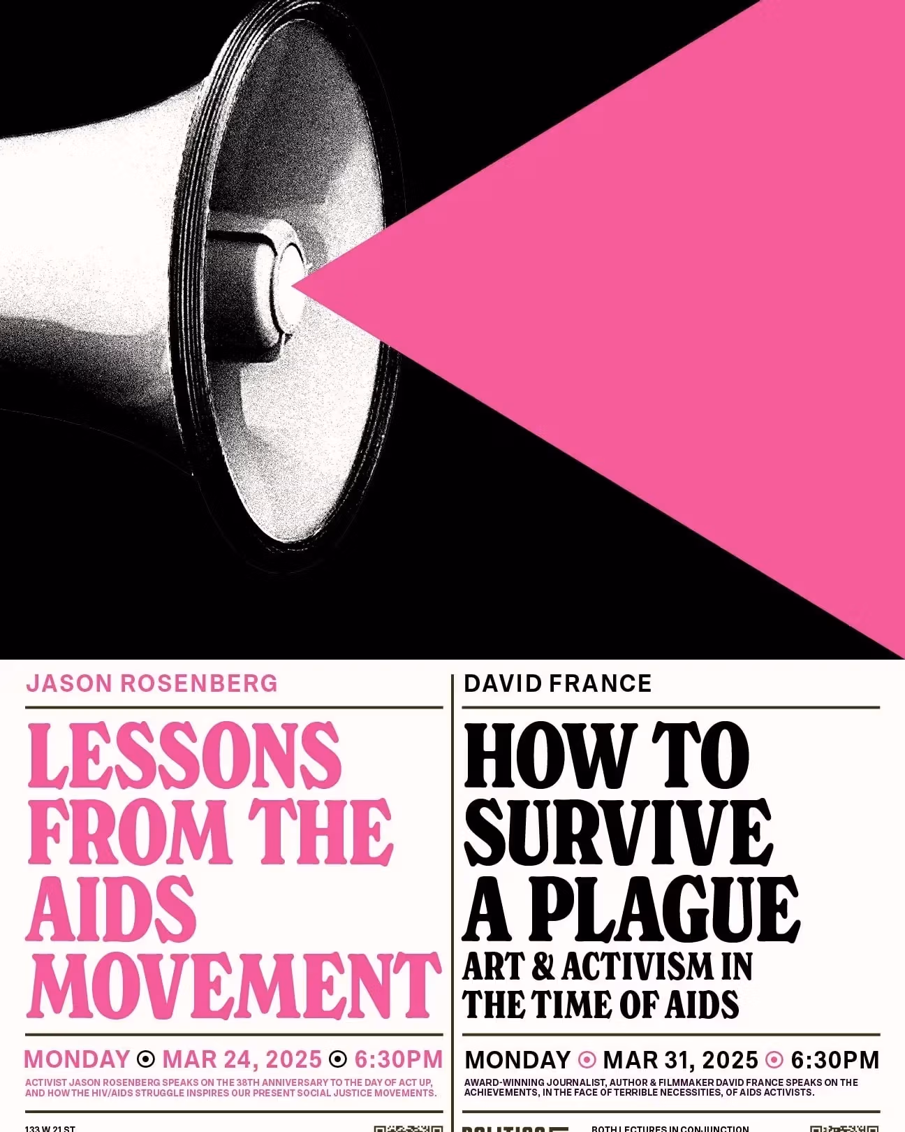 Event poster, megaphone and pink triangle, two talks