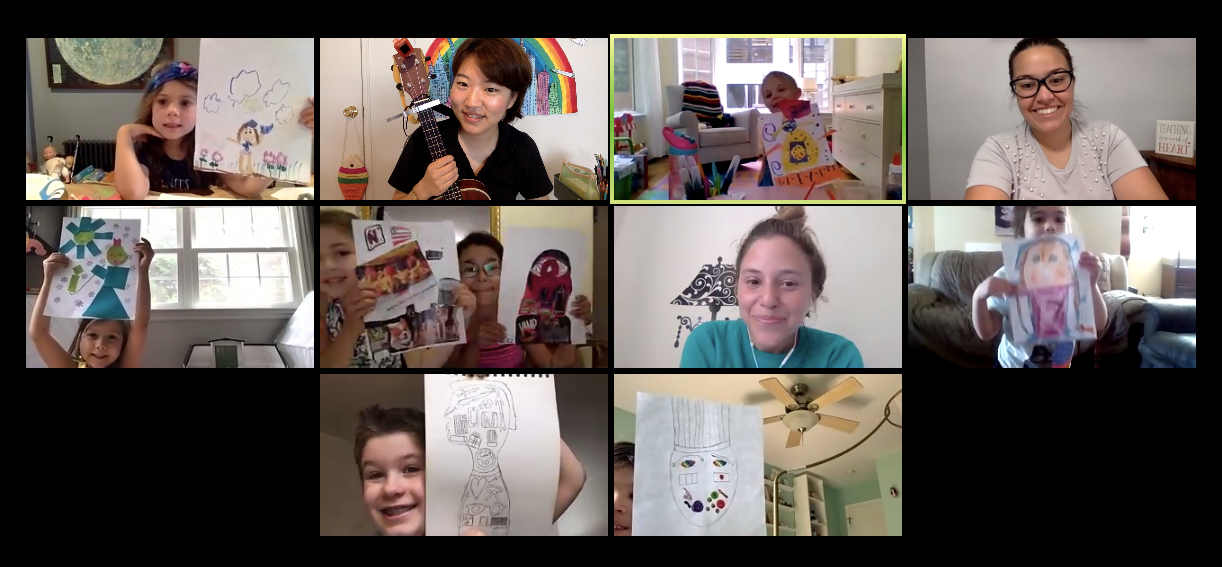 A screenshot of an art workshop for kids held via Zoom.