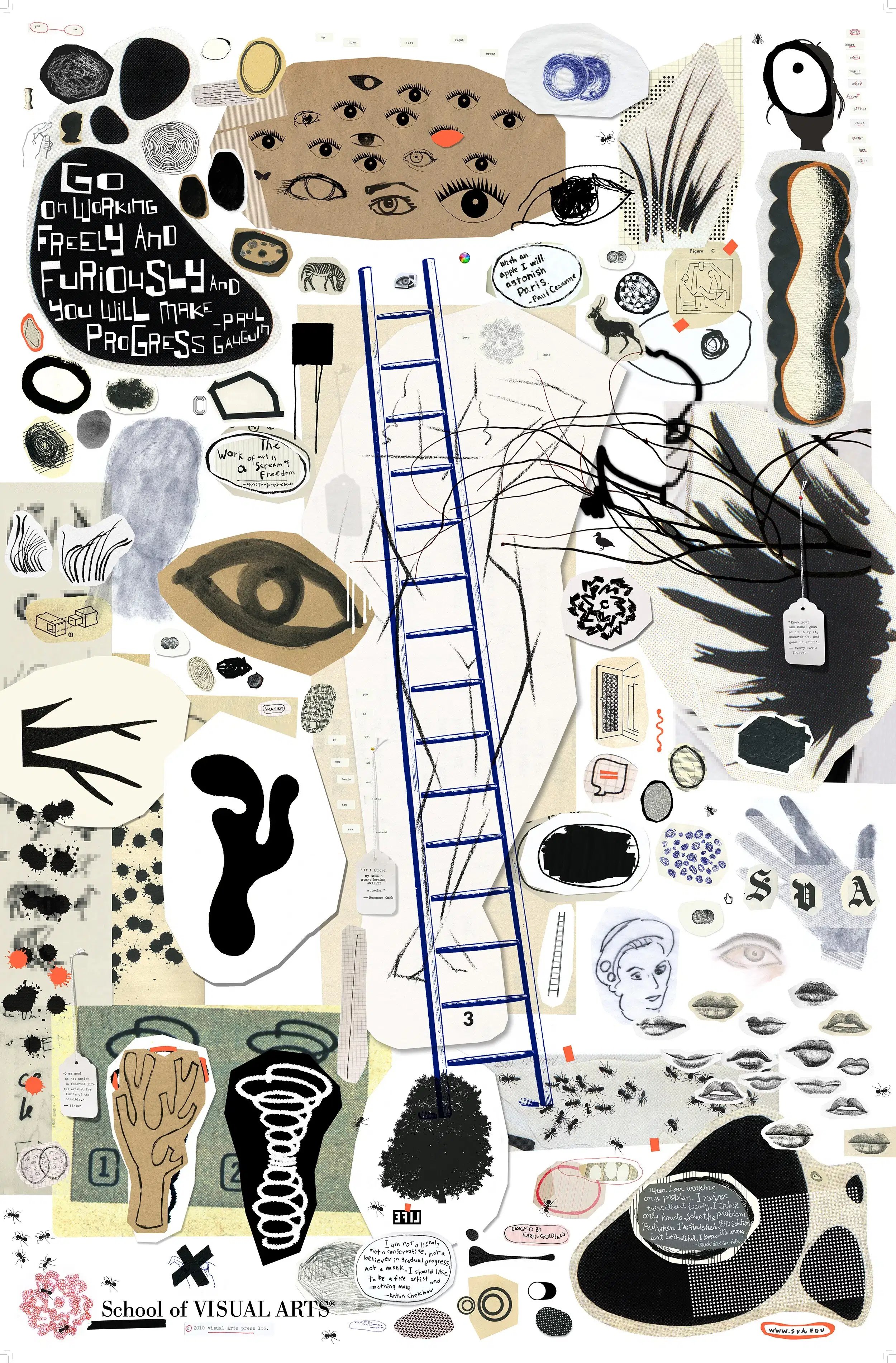 A poster made up of several collaged-together drawings and pieces of text.