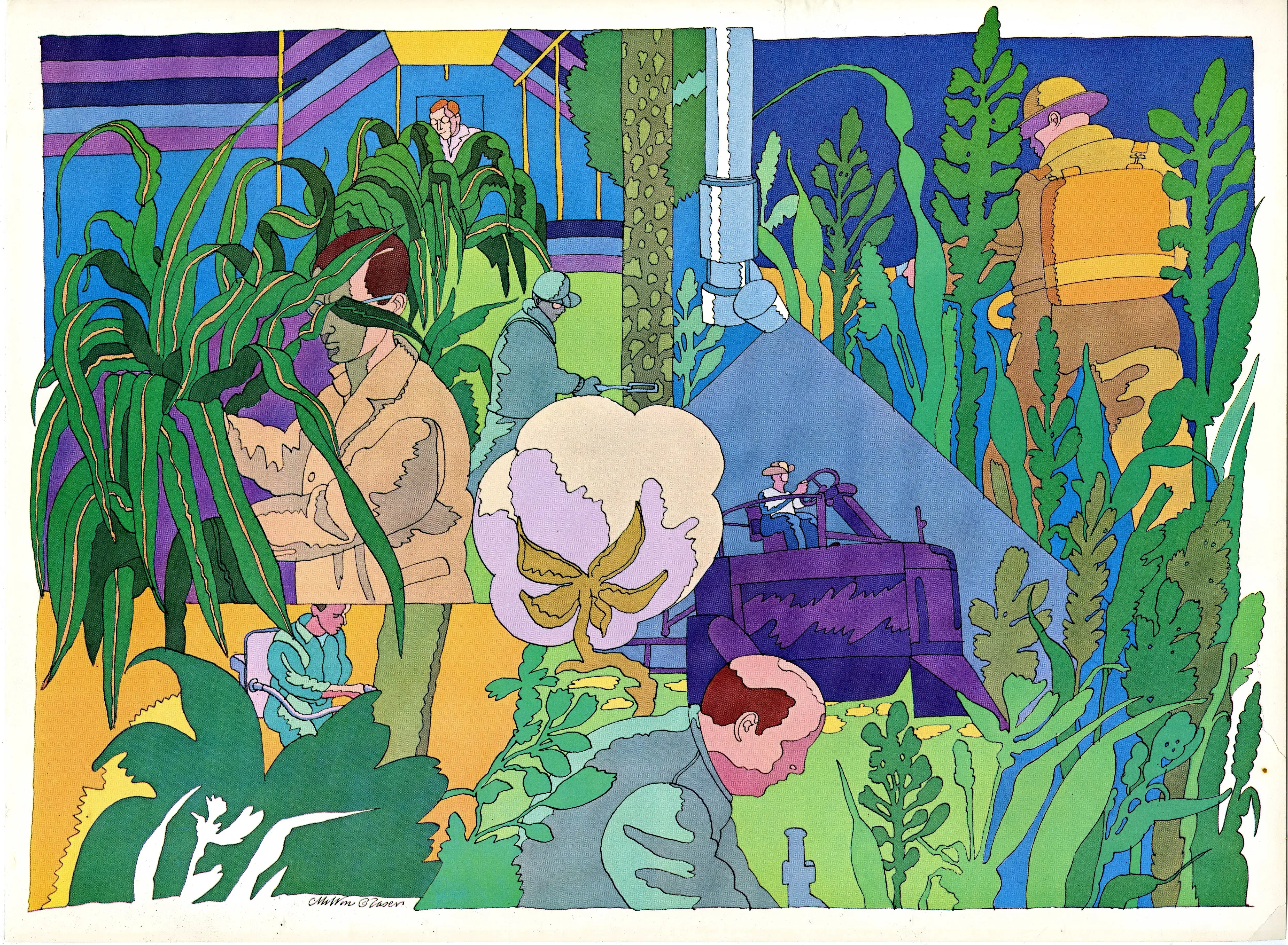 An illustration of a space featuring many overgrown plants and people.